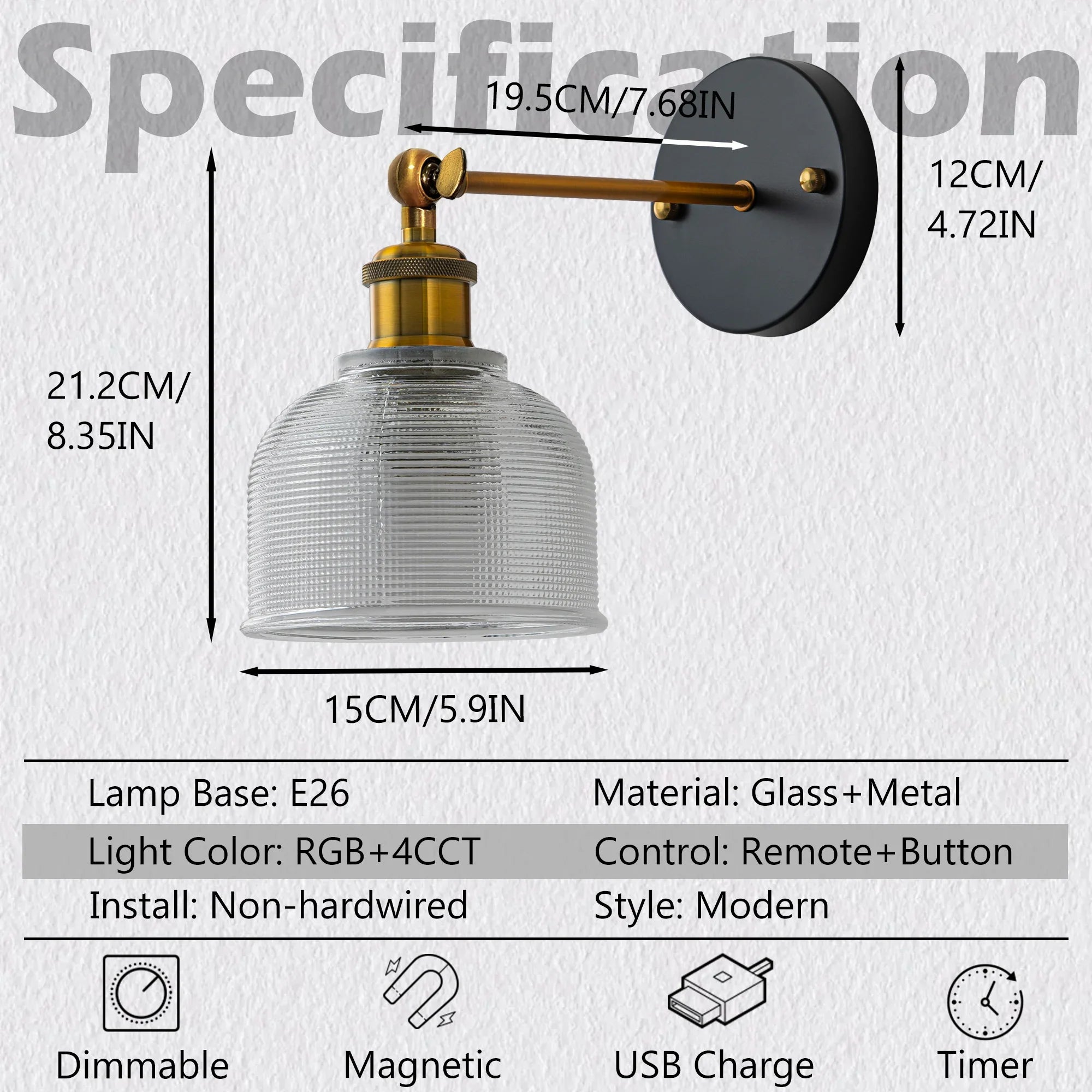 Modern Glass Rechargeable Wall Lights with Remote Set of 2