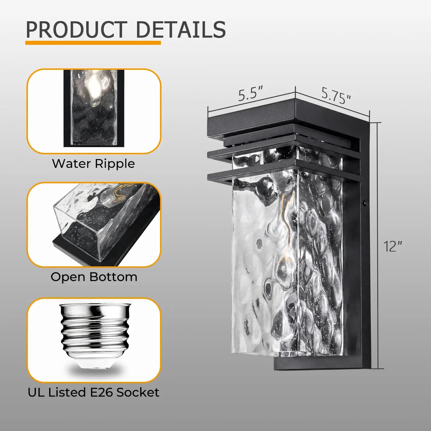 12" Black Outdoor Wall Lights with Water Seeded Glass