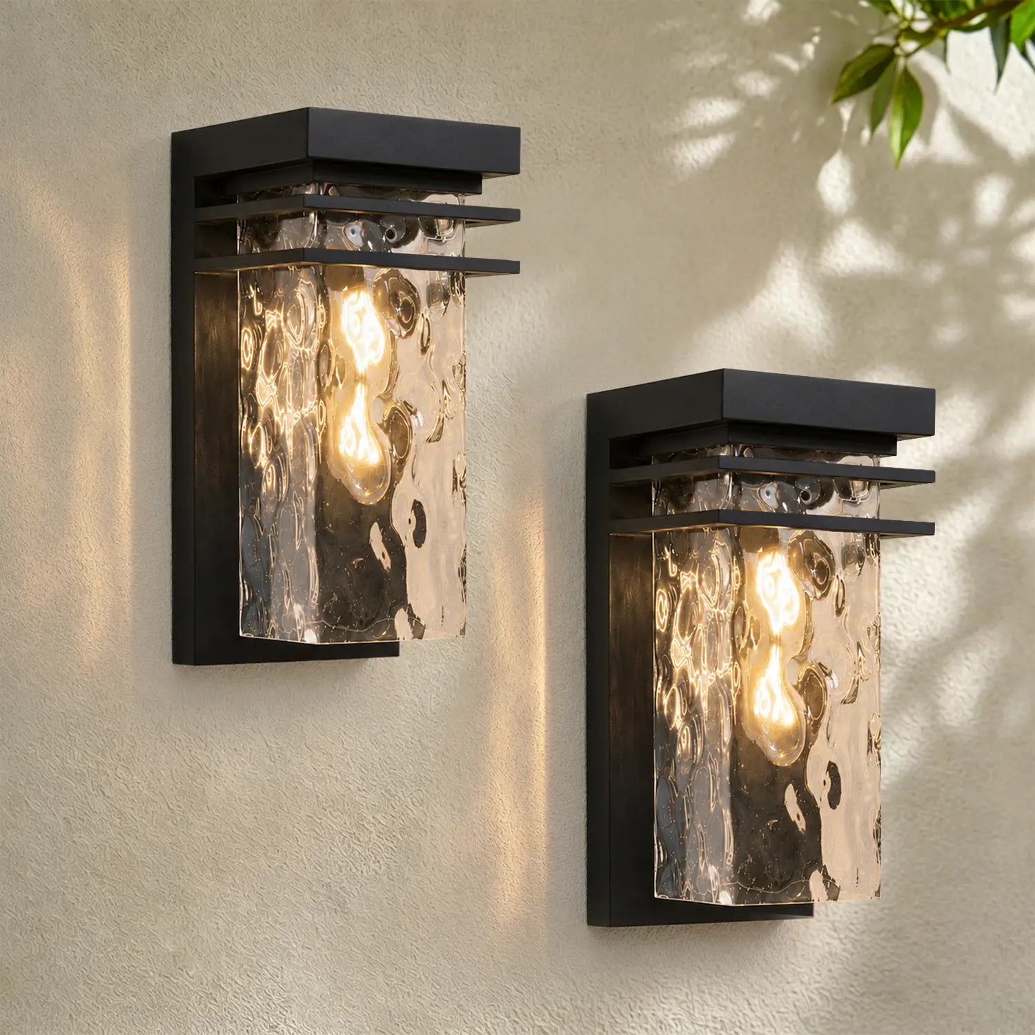 12" Black Outdoor Wall Lights with Water Seeded Glass