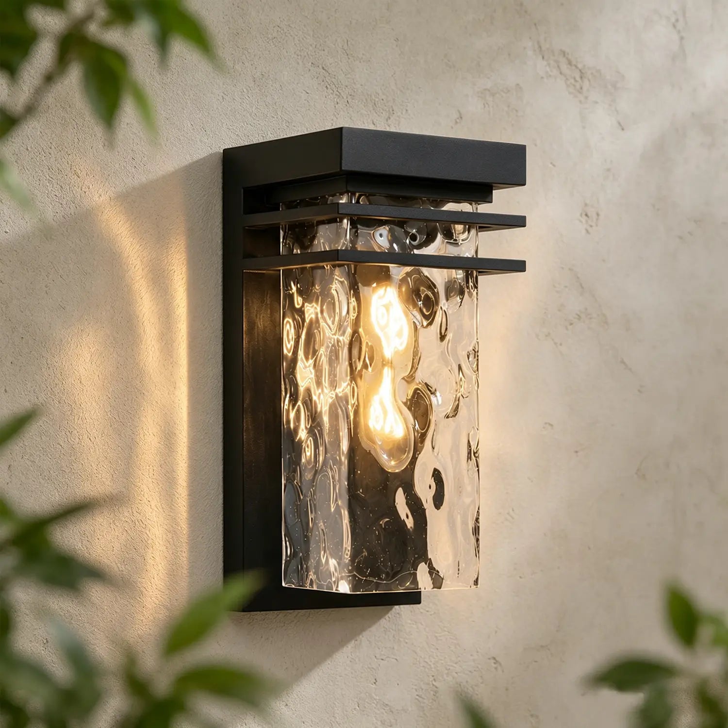 12" Black Outdoor Wall Lights with Water Seeded Glass