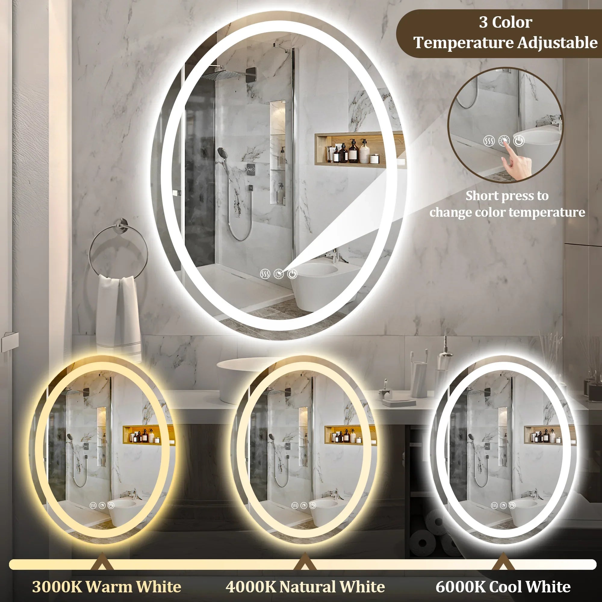 Oval LED Bathroom Mirror, 3000K-6000K Dimmable and Many Sizes