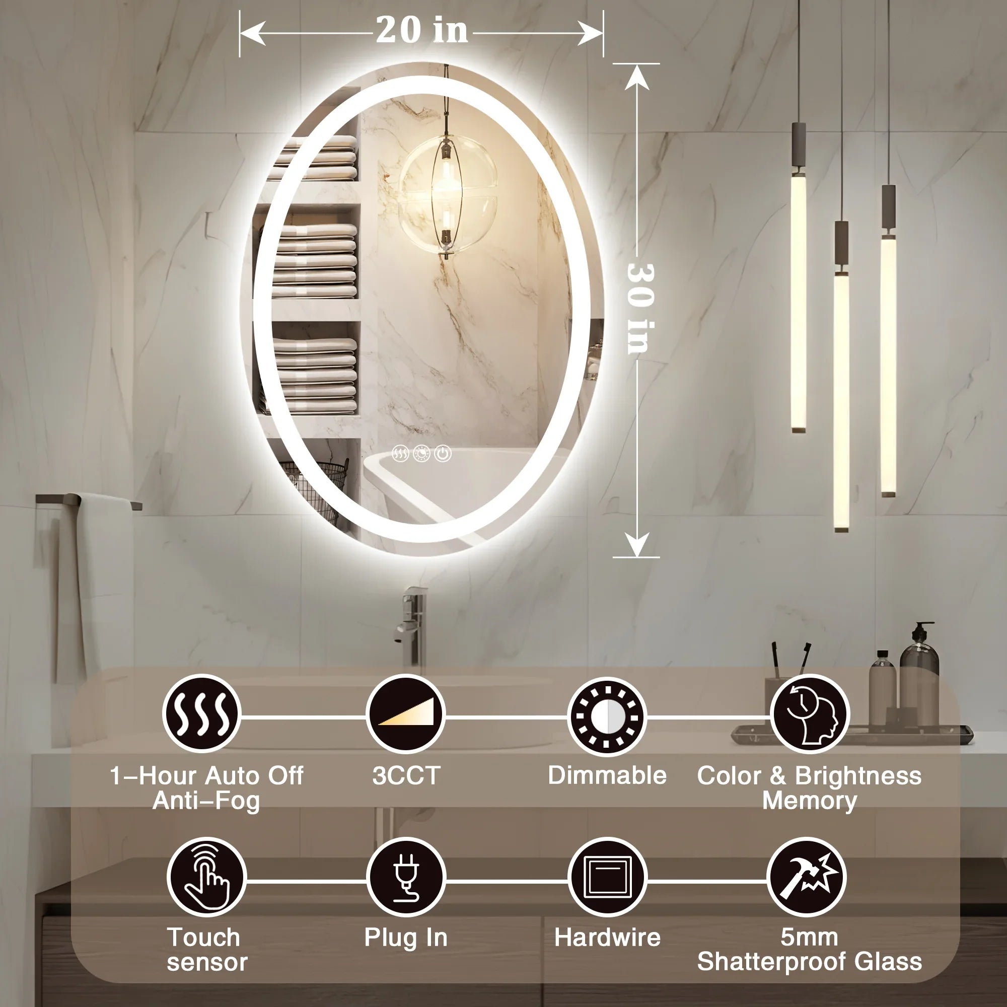 Oval LED Bathroom Mirror, 3000K-6000K Dimmable and Many Sizes