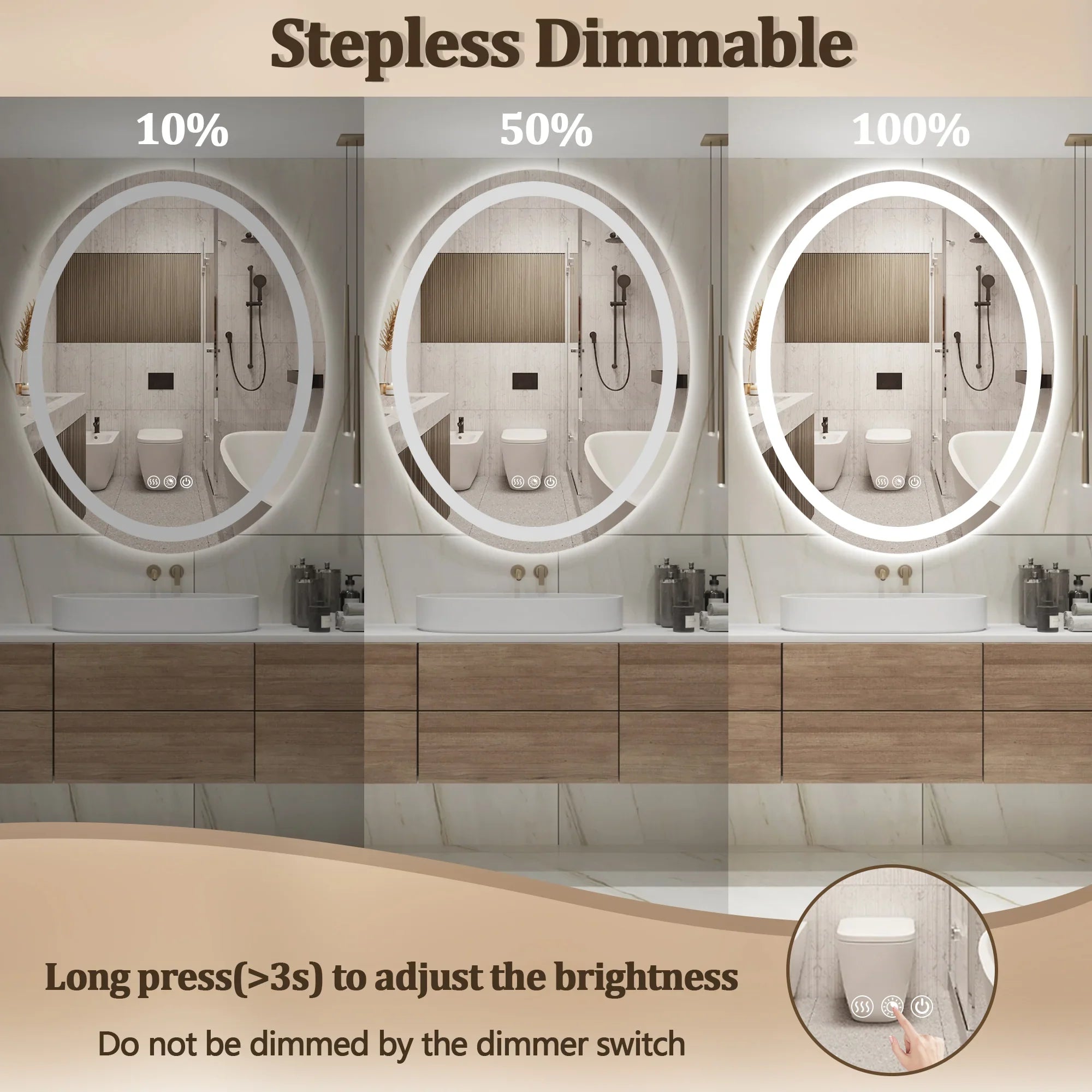 Oval LED Bathroom Mirror, 3000K-6000K Dimmable and Many Sizes