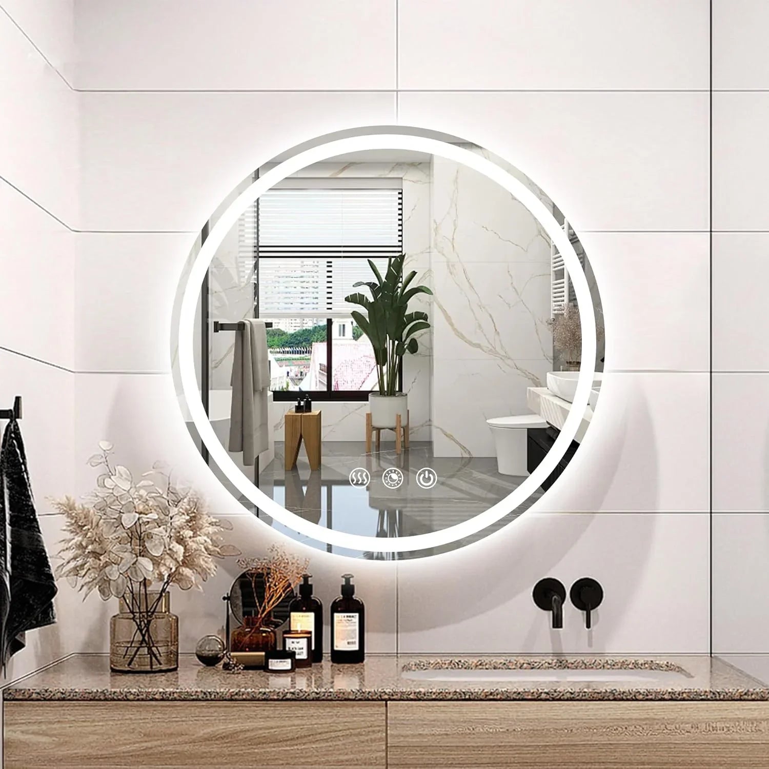 Round LED Bathroom Mirror, 3000K-6000K Dimmable and Many Sizes