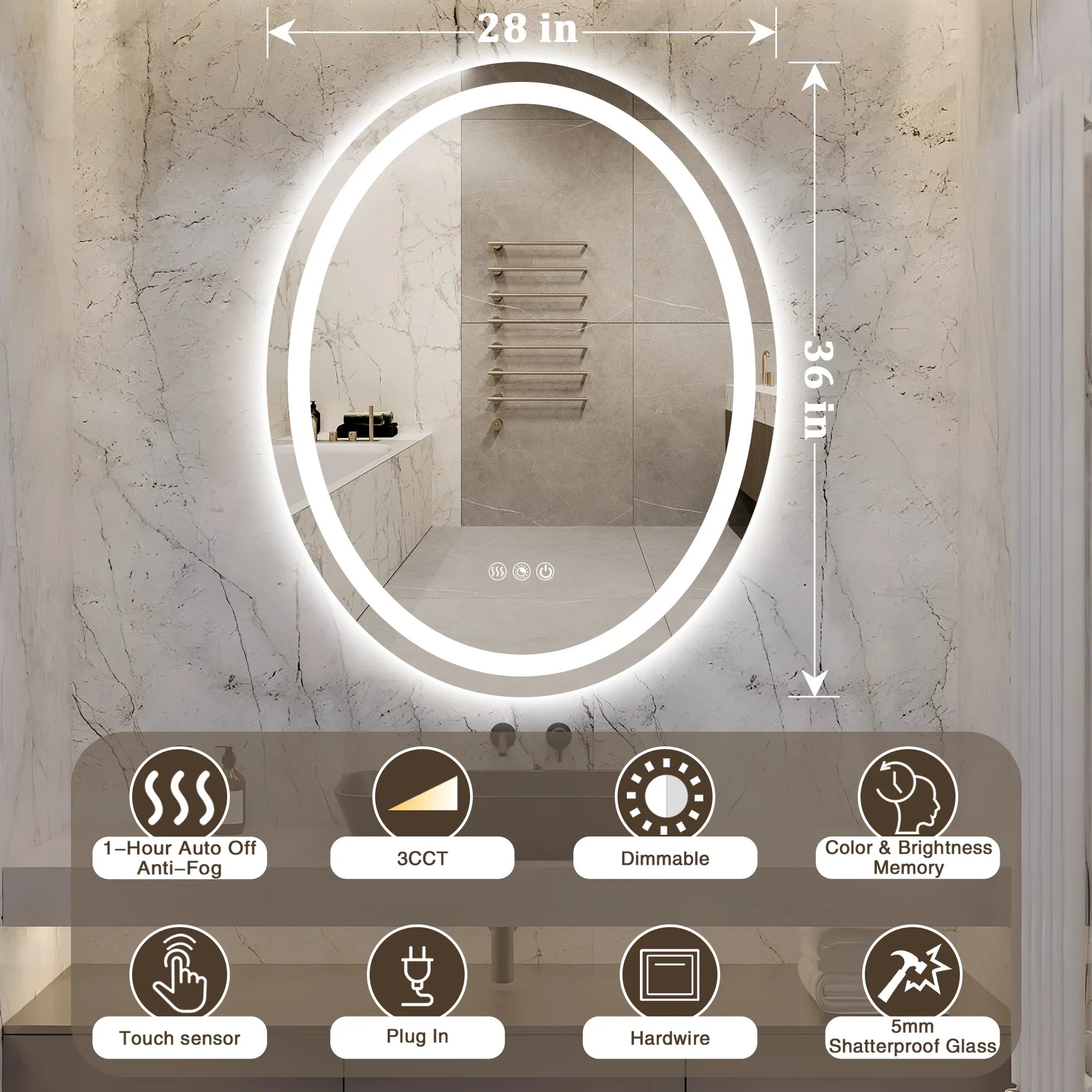 Oval LED Bathroom Mirror, 3000K-6000K Dimmable and Many Sizes