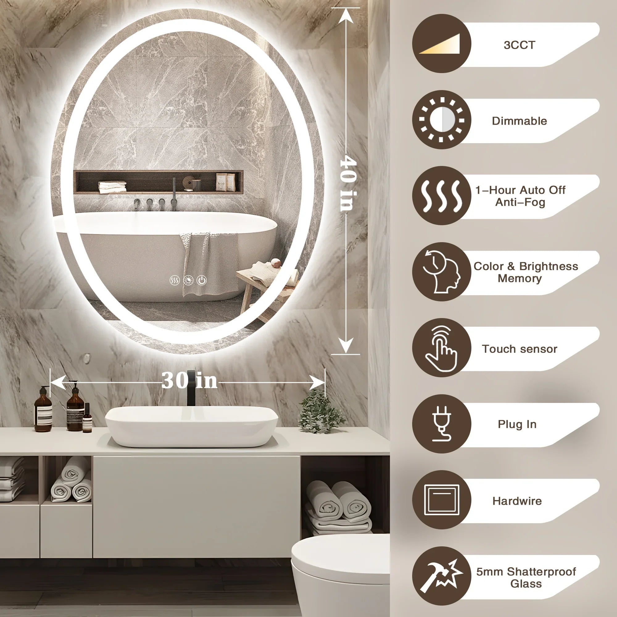 Oval LED Bathroom Mirror, 3000K-6000K Dimmable and Many Sizes
