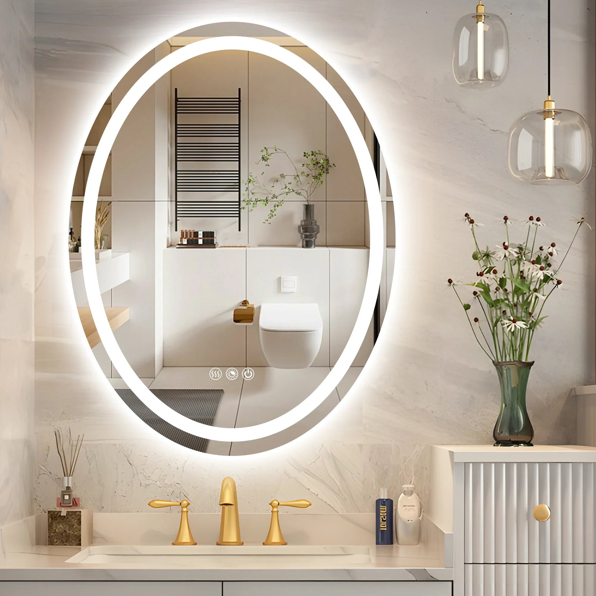 Oval LED Bathroom Mirror, 3000K-6000K Dimmable and Many Sizes