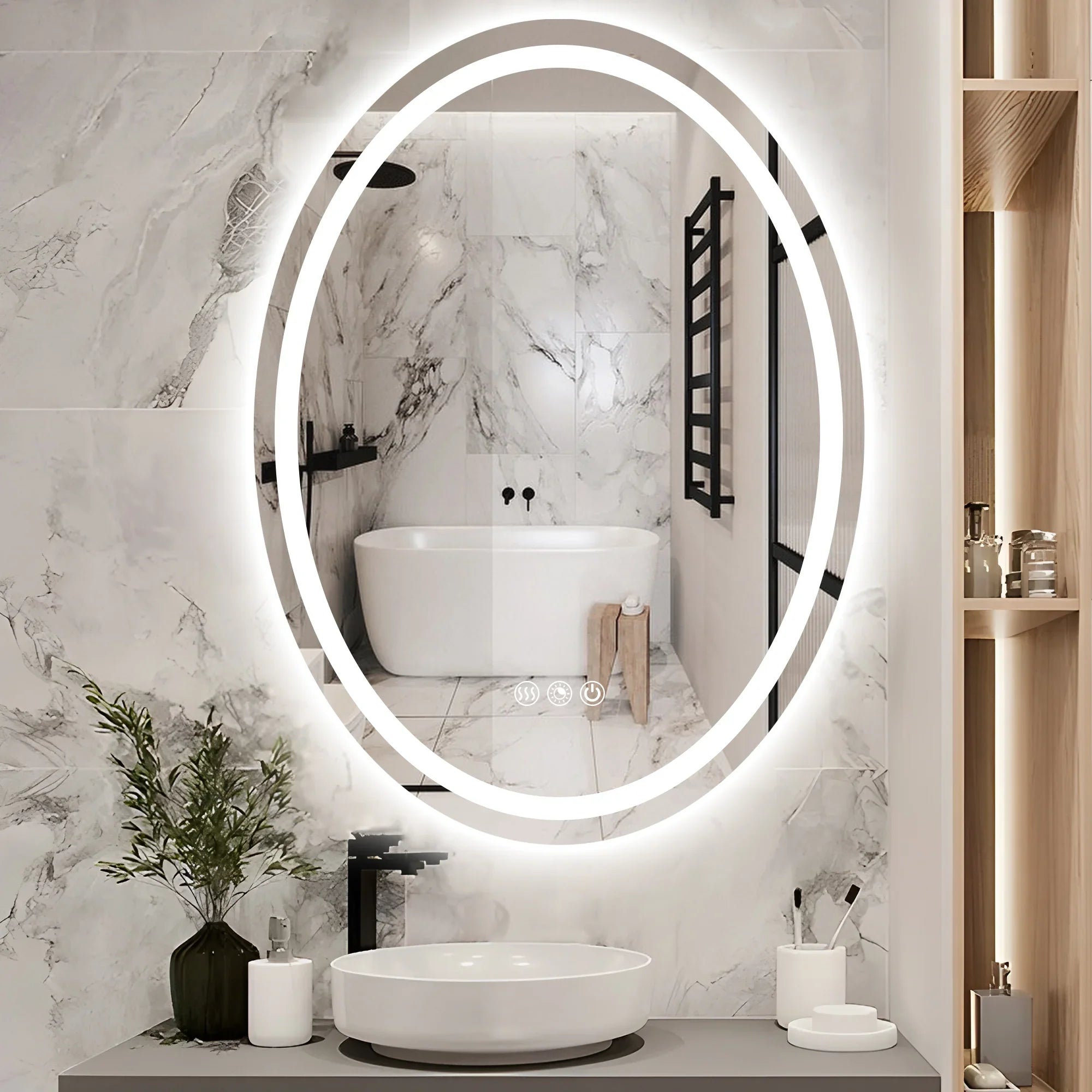Oval LED Bathroom Mirror, 3000K-6000K Dimmable and Many Sizes
