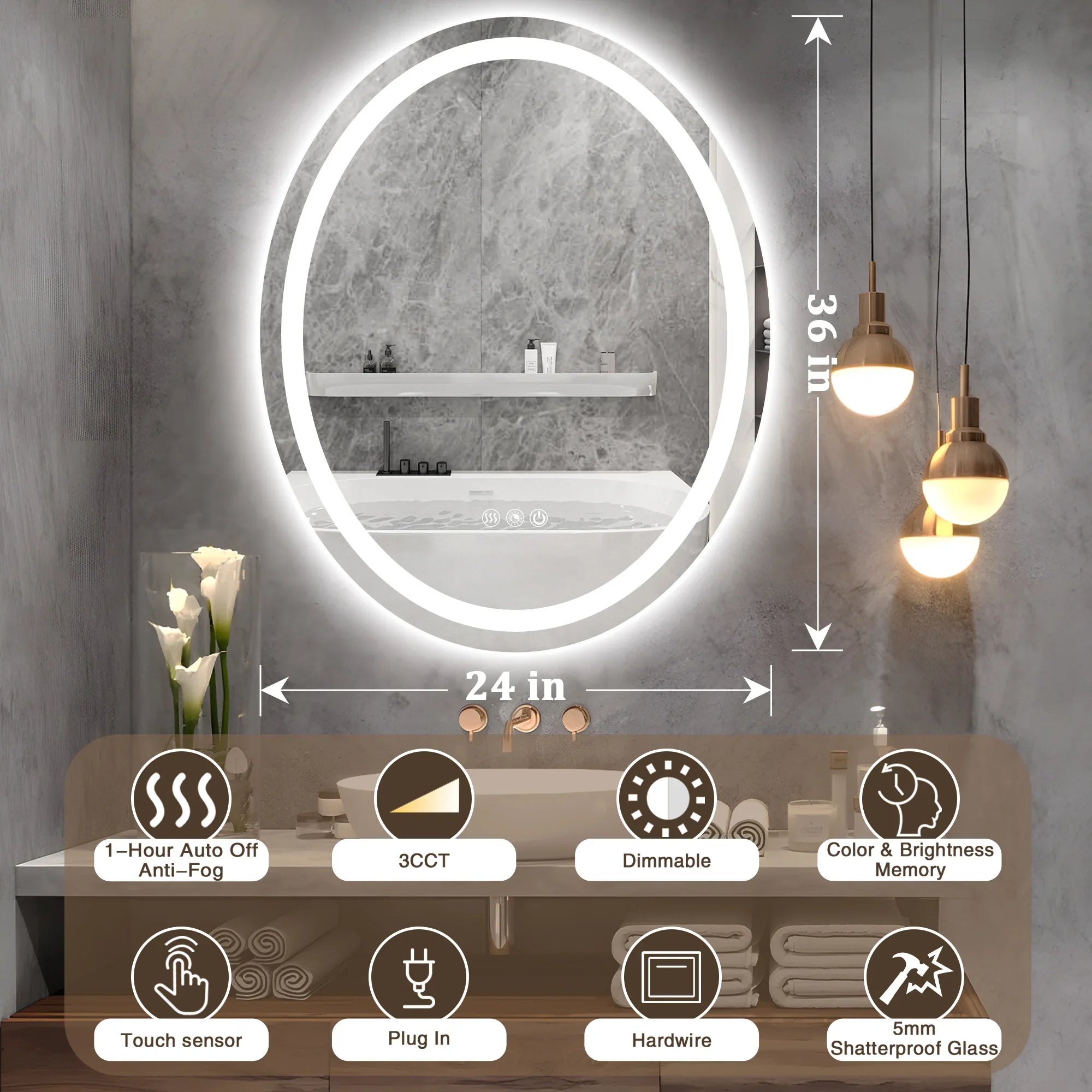 Oval LED Bathroom Mirror, 3000K-6000K Dimmable and Many Sizes
