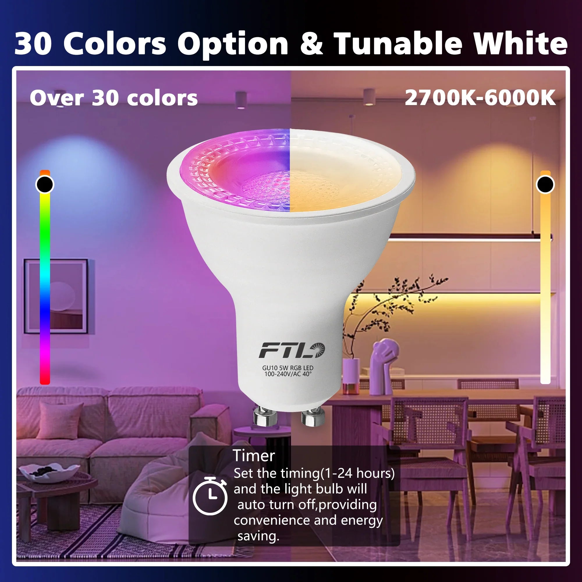 RGB Color Changing GU10 LED Bulbs with Remote 6-Pack