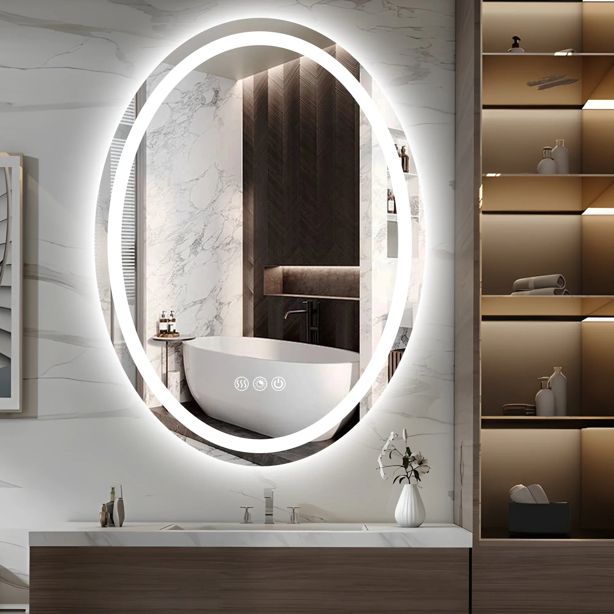 Oval LED Bathroom Mirror, 3000K-6000K Dimmable and Many Sizes