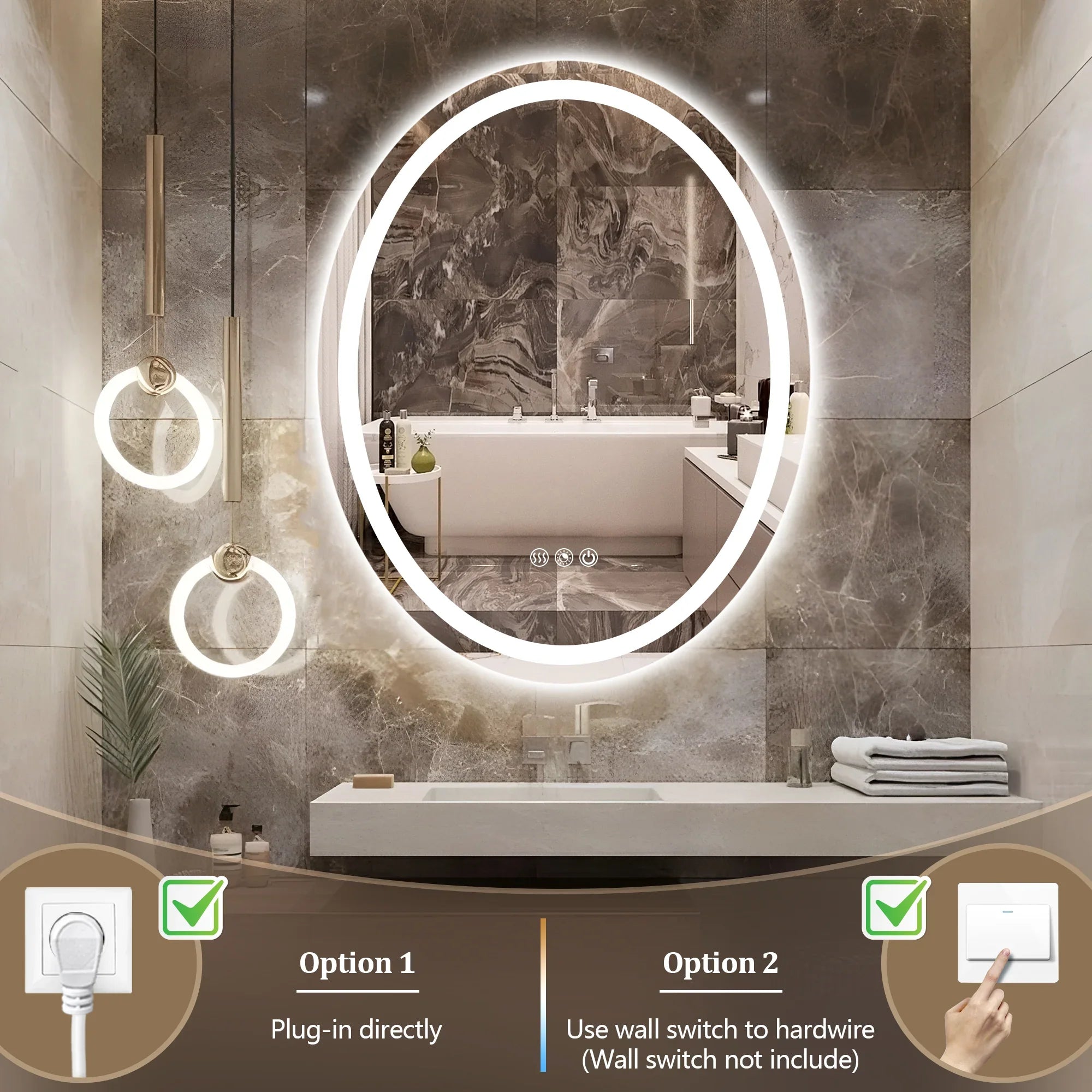 Oval LED Bathroom Mirror, 3000K-6000K Dimmable and Many Sizes