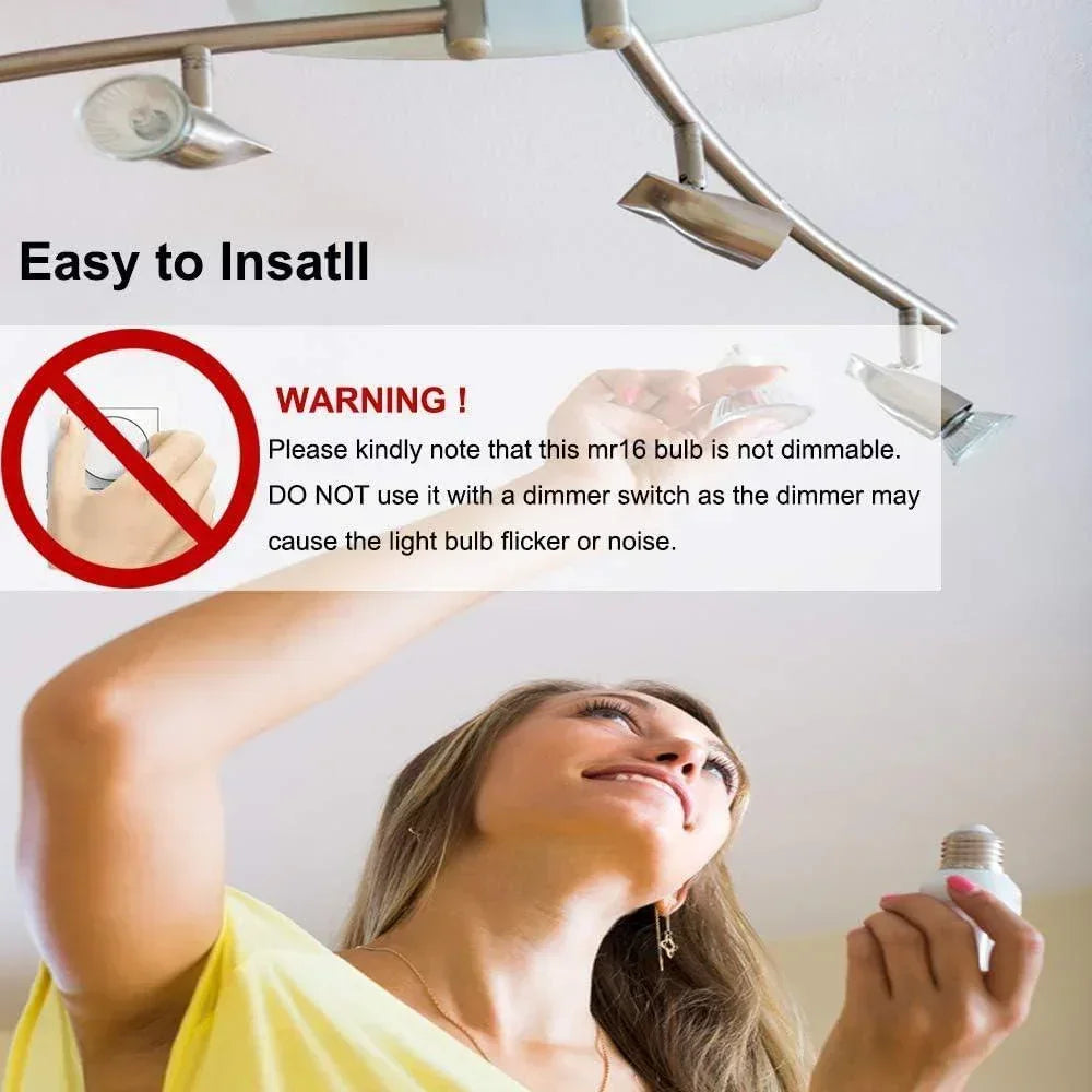 Woman installing LED MR16 light bulb in modern ceiling fixture, non-dimmable warning displayed.