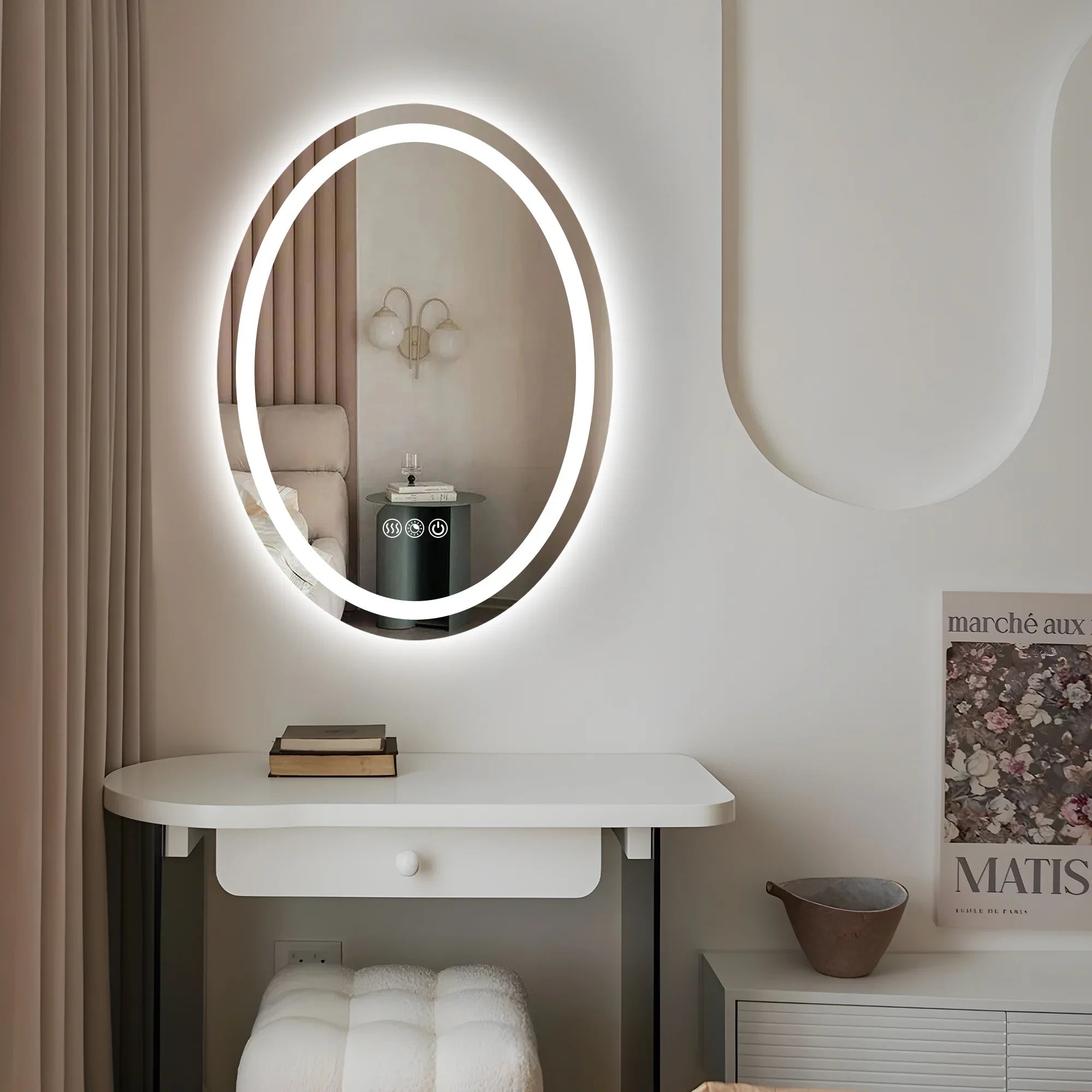 Oval LED Bathroom Mirror, 3000K-6000K Dimmable and Many Sizes