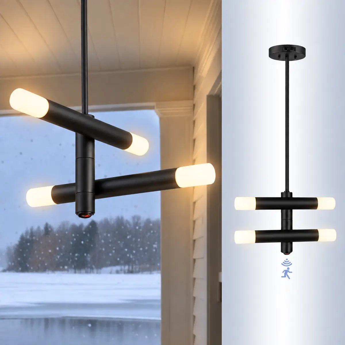 Outdoor Hanging Light with Motion Sensor & Dusk-to-Dawn LED – Black