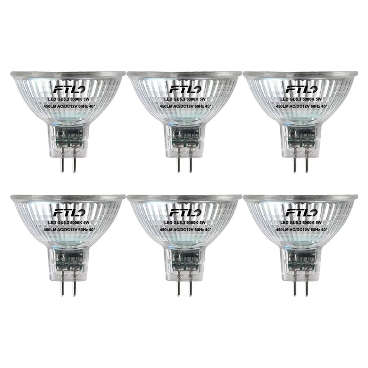 Six GU5.3 LED light bulbs for outdoor wall lighting, 5000K, 450 lumens, energy-efficient
