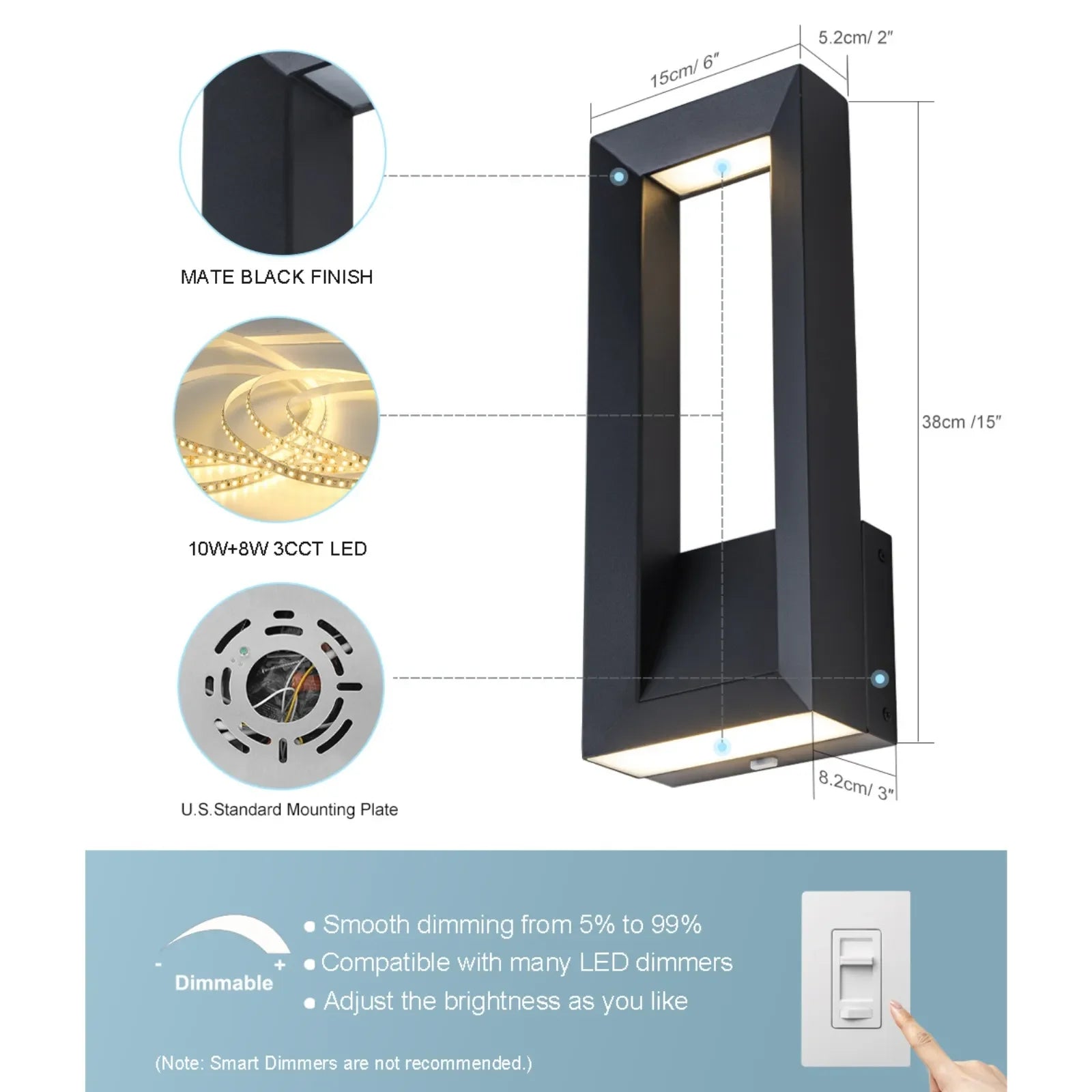14.9" Dimmable Outdoor Wall Lights 3000K-5000K