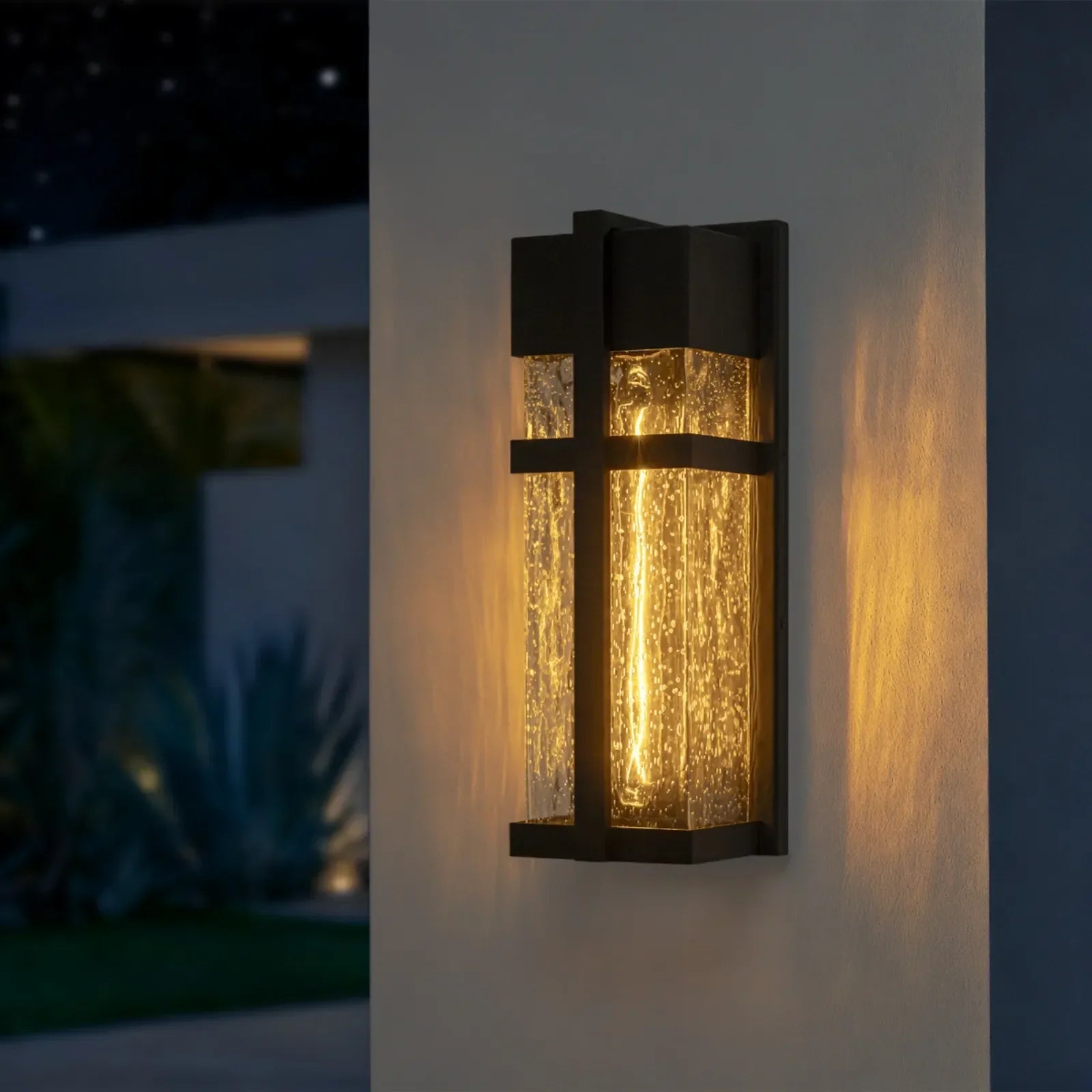 15" Black Outdoor Wall Sconce with Seed Glass