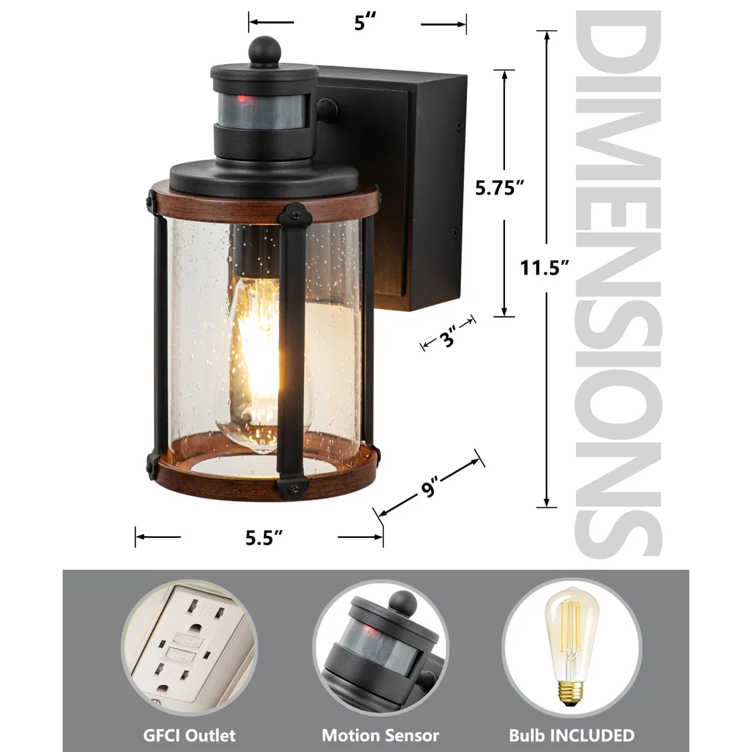 Motion Sensor Dusk to Dawn Glass Outdoor Wall Lights with GFCI Outlet