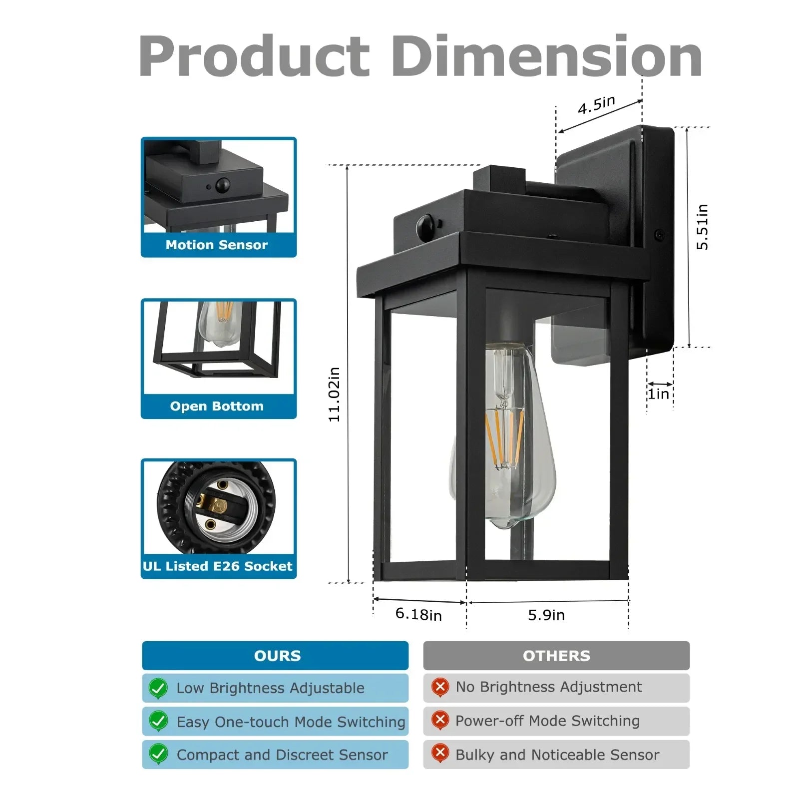 11" Motion Sensor Dusk to Dawn Outdoor Porch Wall Lights Set of 2