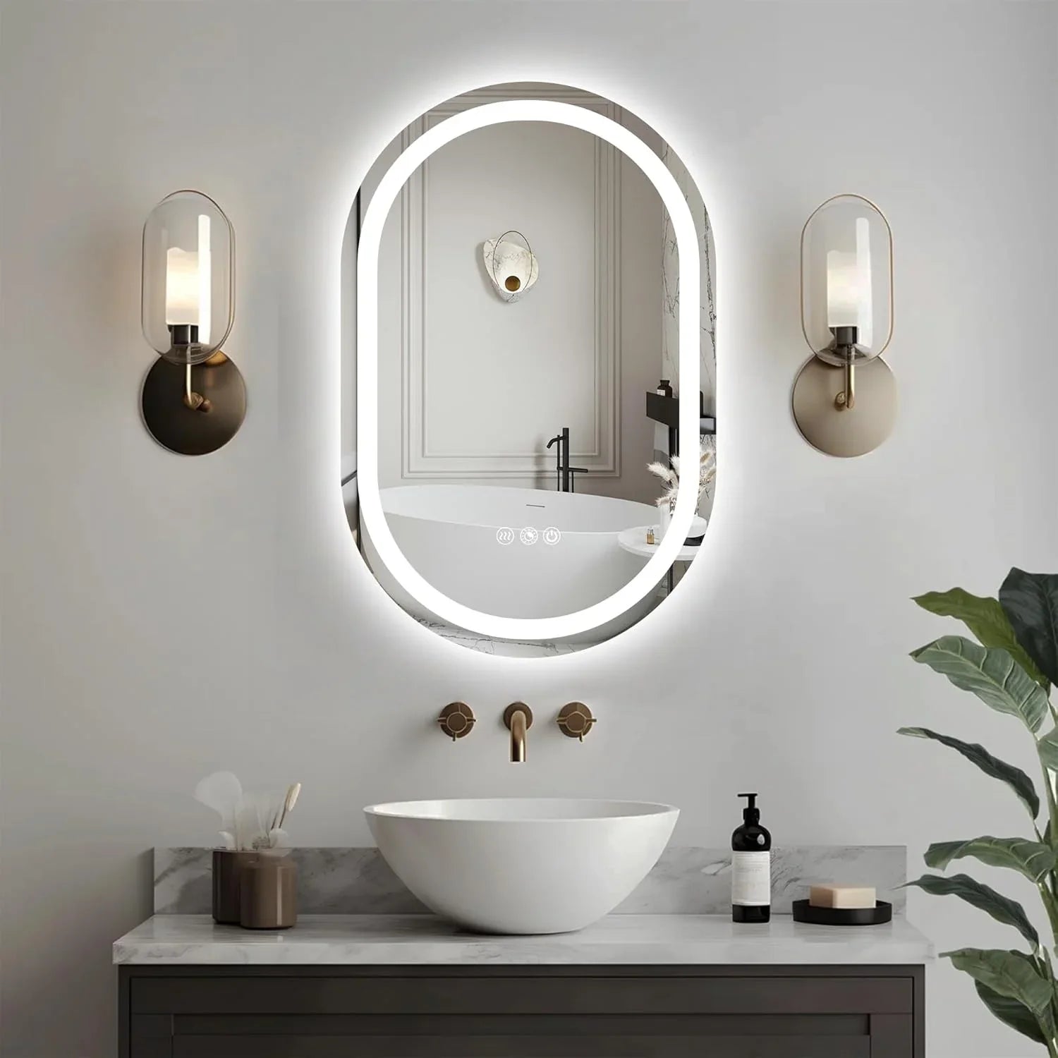 Double Arch LED Bathroom Mirror, 3000K-6000K Dimmable and Many Sizes