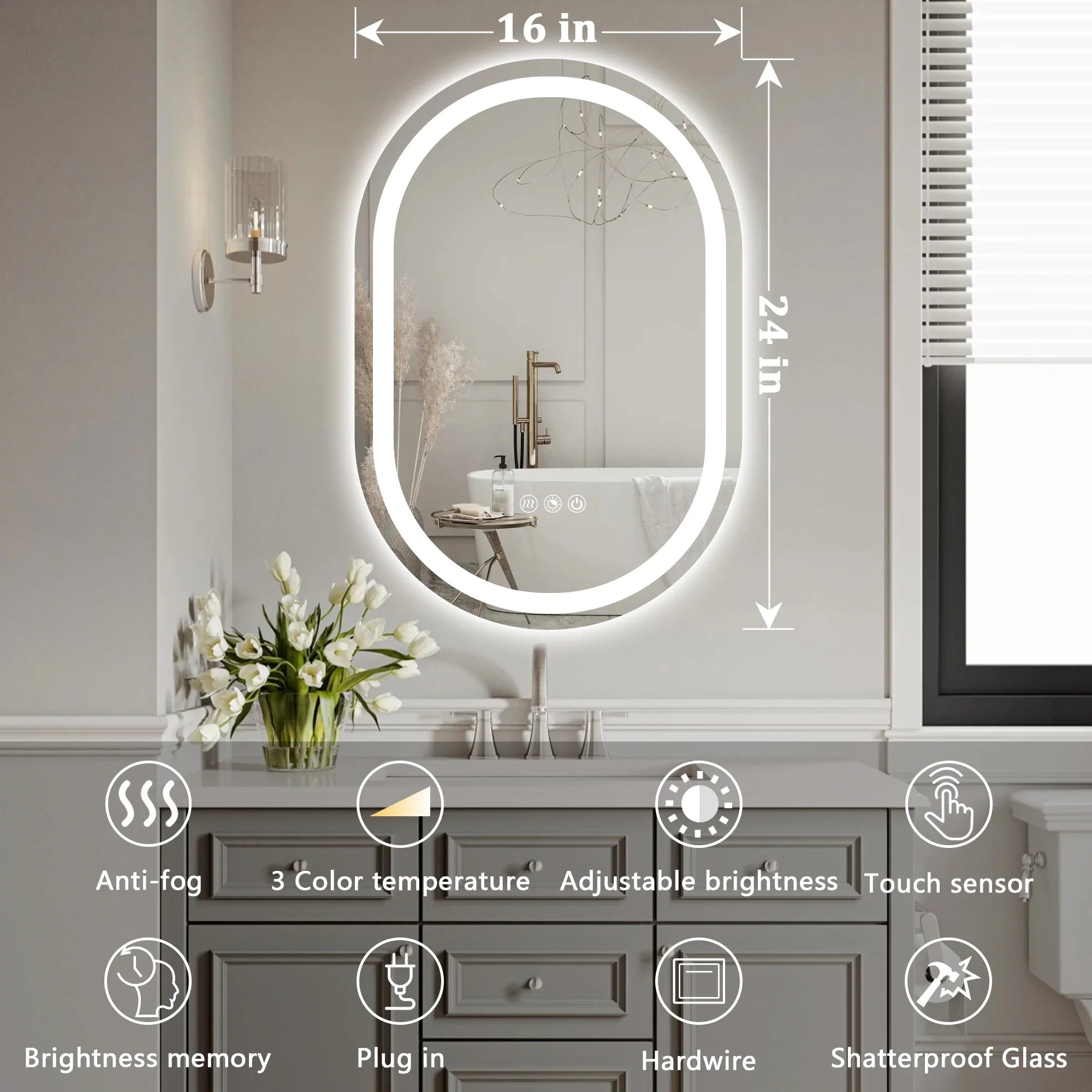 Double Arch LED Bathroom Mirror, 3000K-6000K Dimmable and Many Sizes