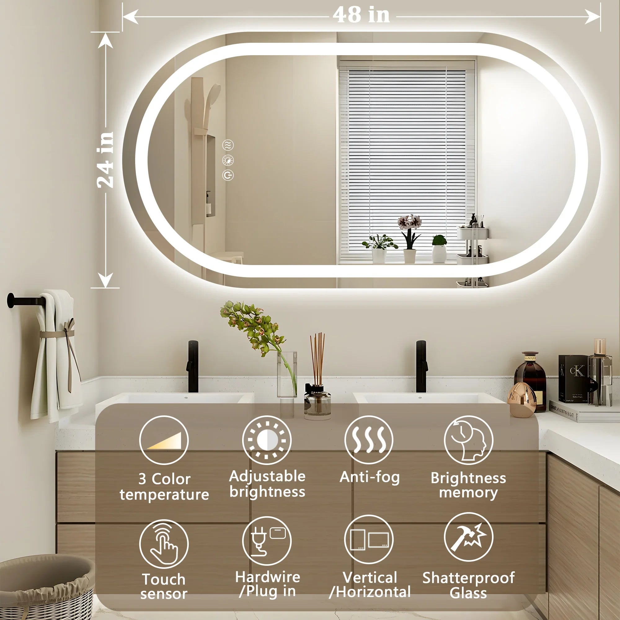 Double Arch LED Bathroom Mirror, 3000K-6000K Dimmable and Many Sizes