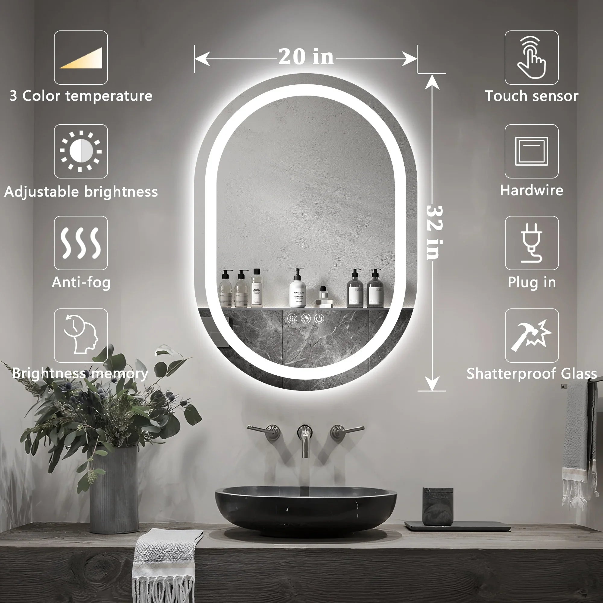 Double Arch LED Bathroom Mirror, 3000K-6000K Dimmable and Many Sizes