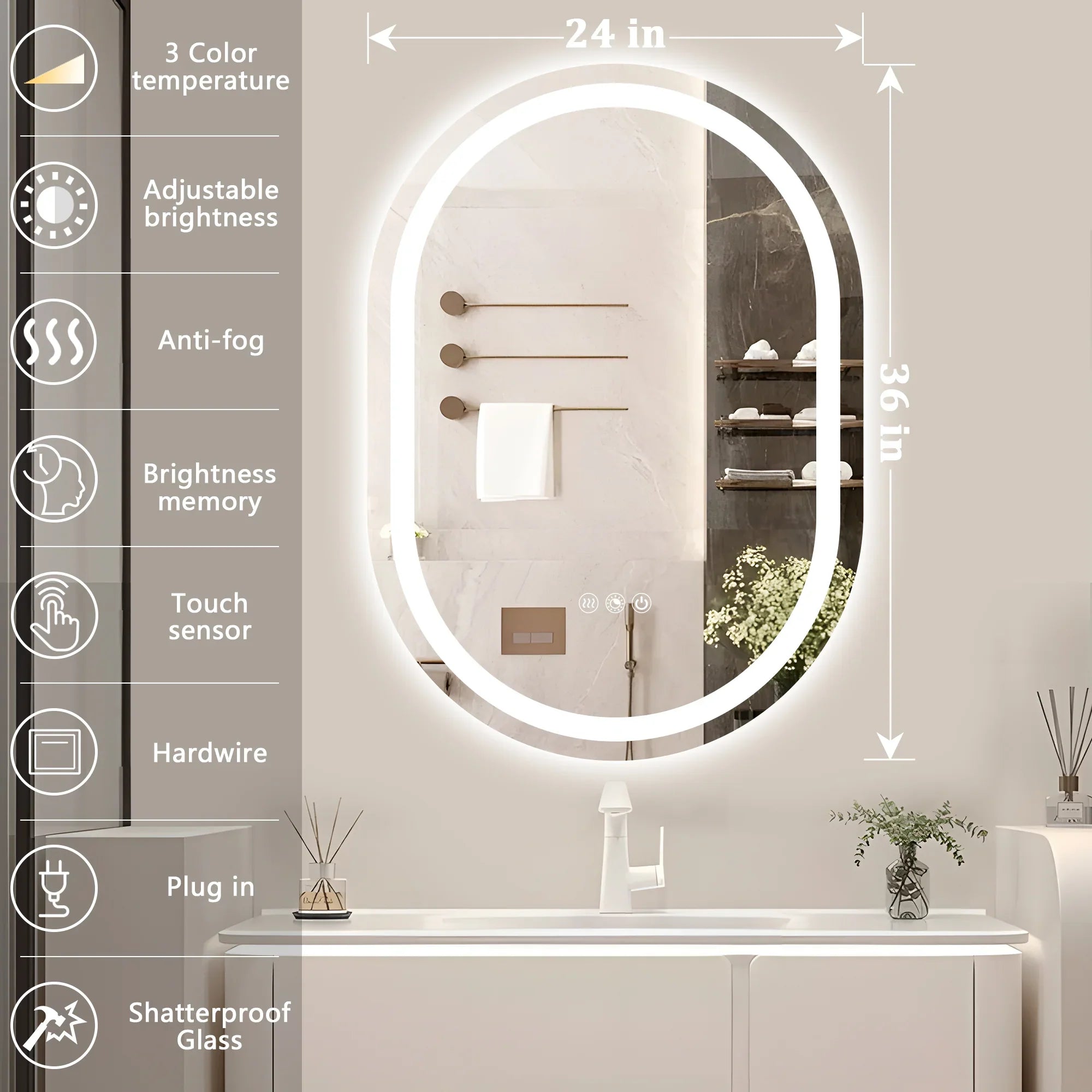 Double Arch LED Bathroom Mirror, 3000K-6000K Dimmable and Many Sizes