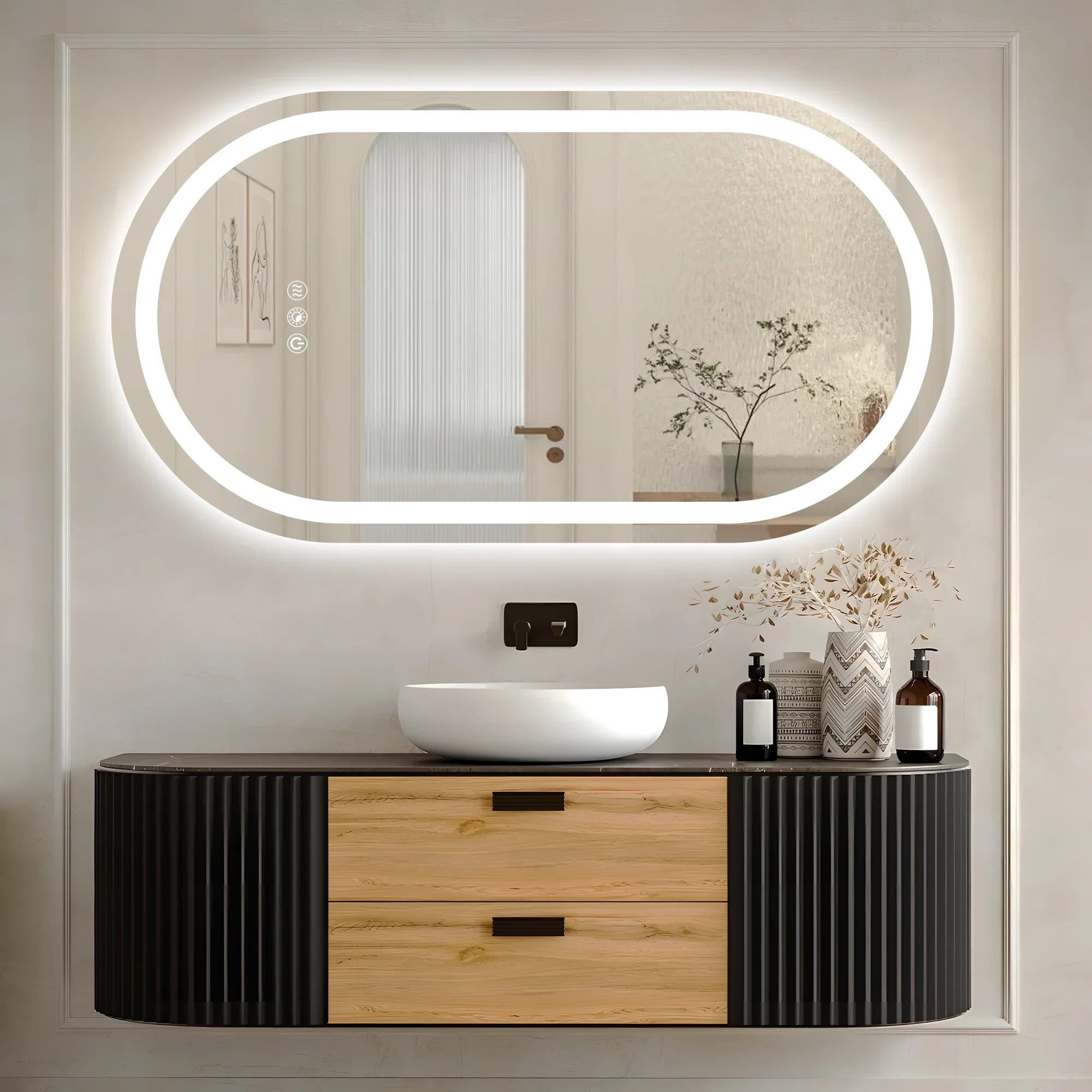 Double Arch LED Bathroom Mirror, 3000K-6000K Dimmable and Many Sizes