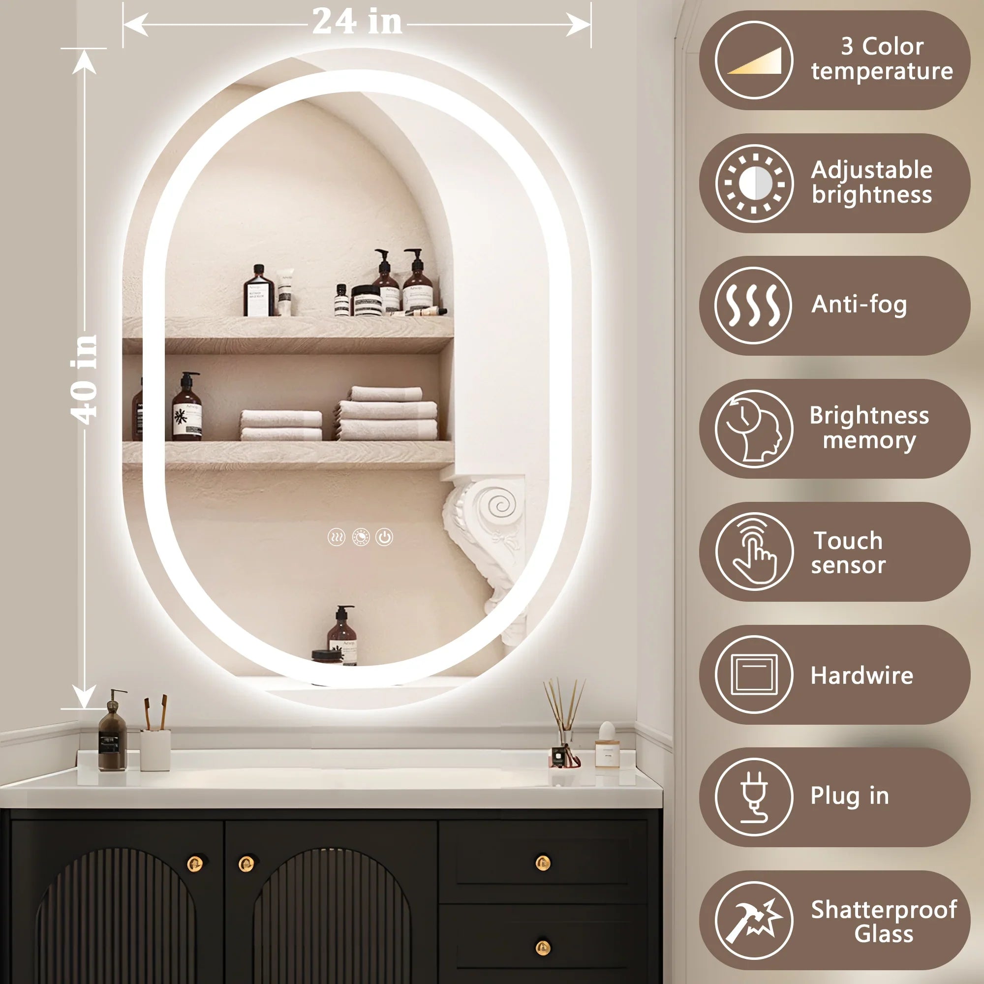 Double Arch LED Bathroom Mirror, 3000K-6000K Dimmable and Many Sizes