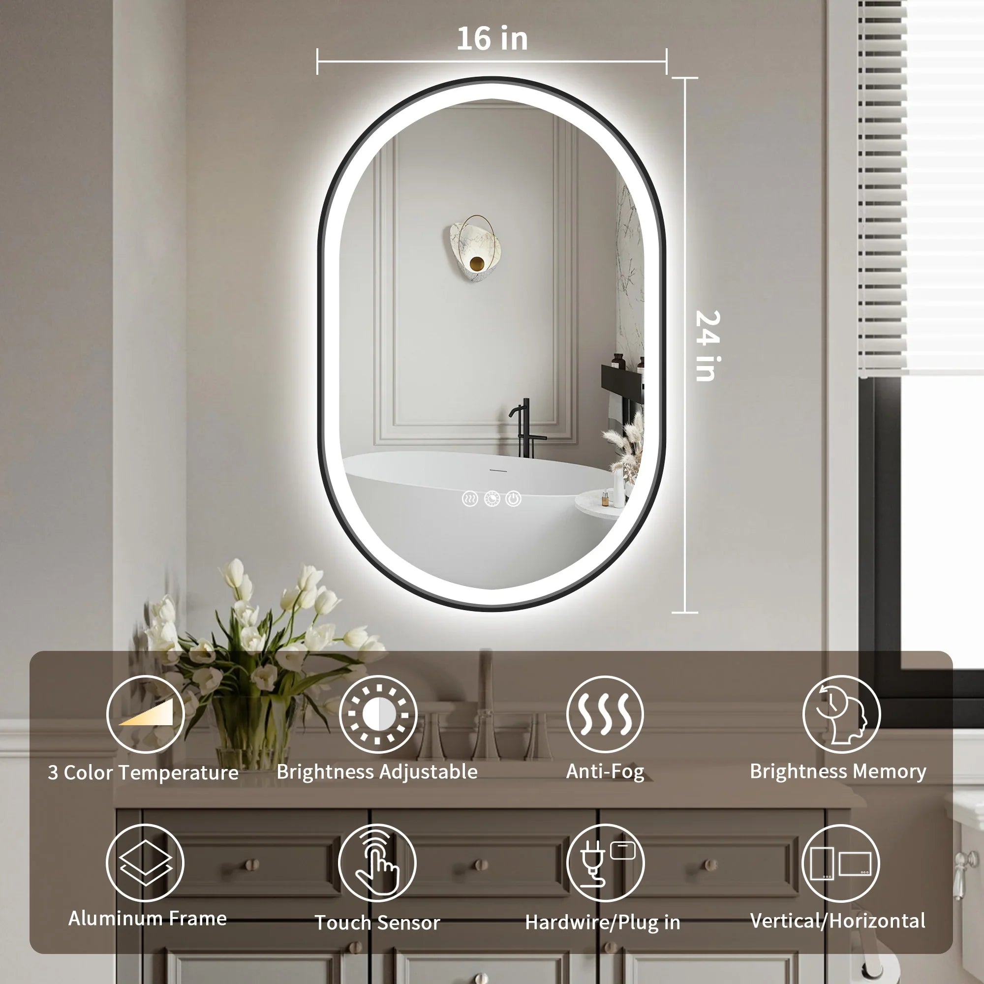 Double Arch LED Frame Bathroom Mirror, 3000K-6000K Dimmable and Many Sizes