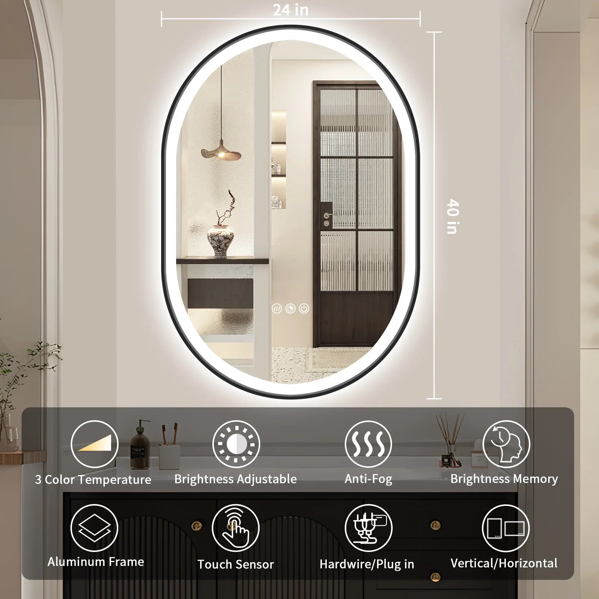 Double Arch LED Frame Bathroom Mirror, 3000K-6000K Dimmable and Many Sizes