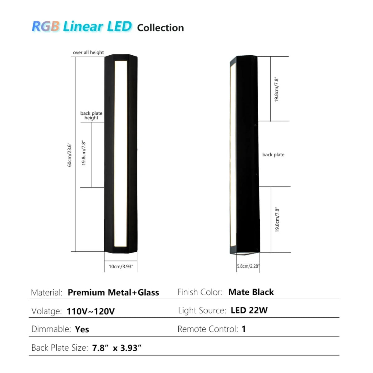 23.6” Modern RGB Outdoor Wall Lights with Remote Control