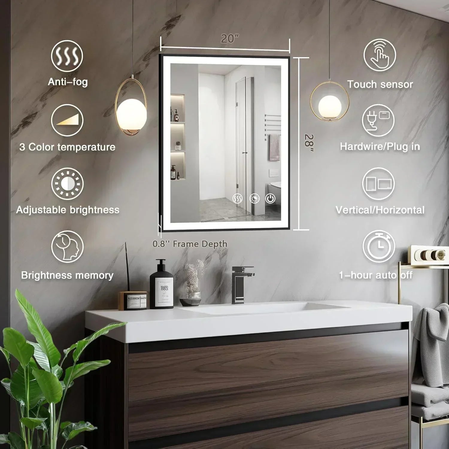 Rectangle 3CCT Dimmable LED Bathroom Mirror with Black Frame
