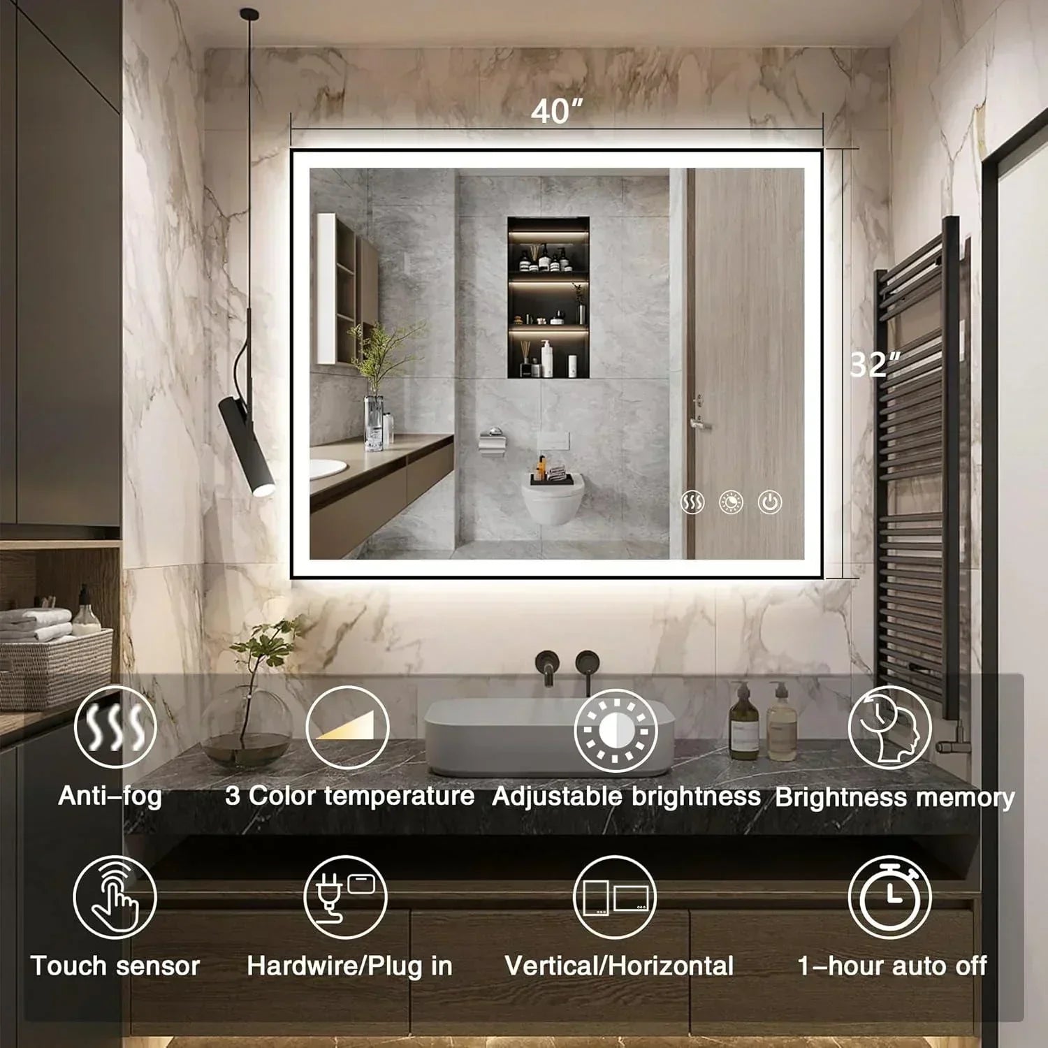 Rectangle 3CCT Dimmable LED Bathroom Mirror with Black Frame