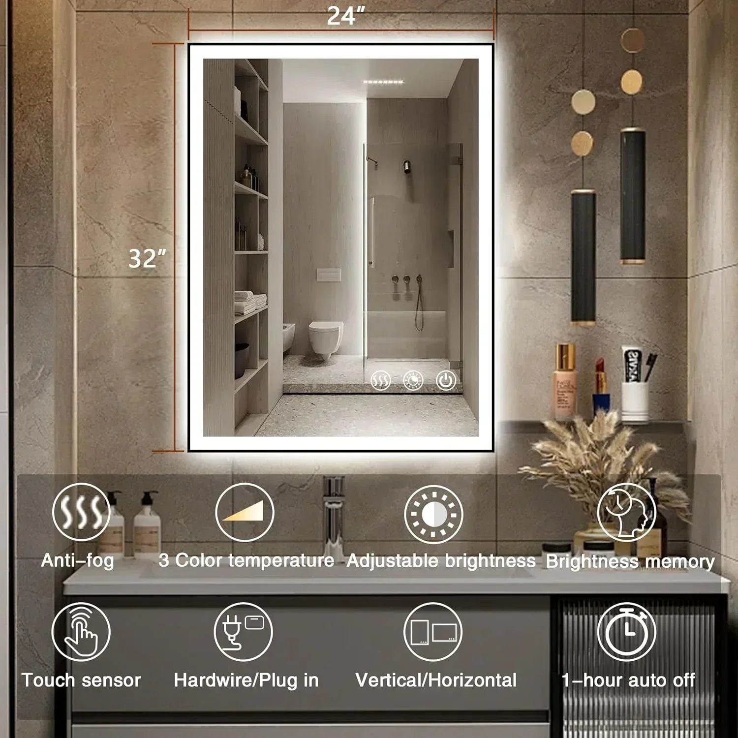 Rectangle 3CCT Dimmable LED Bathroom Mirror with Black Frame