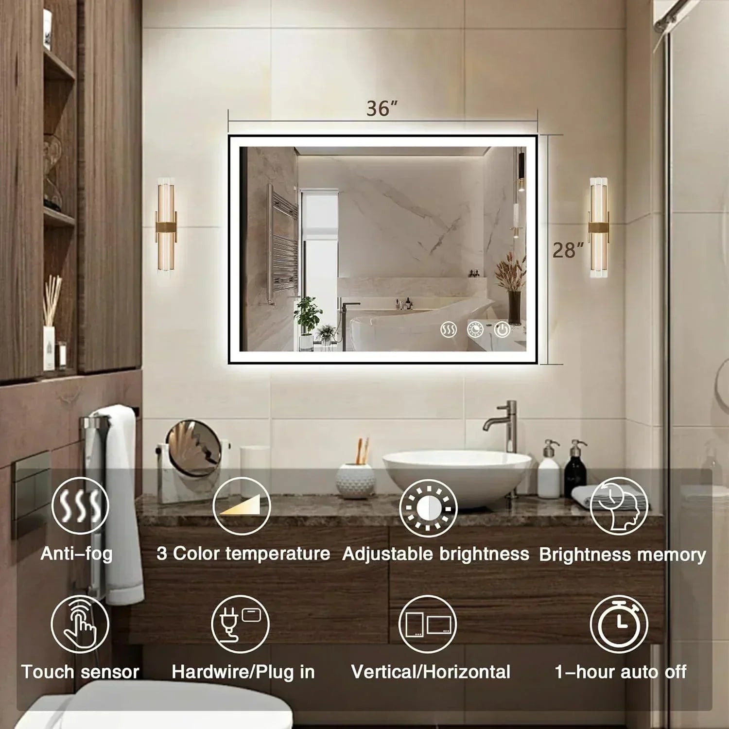 Rectangle 3CCT Dimmable LED Bathroom Mirror with Black Frame