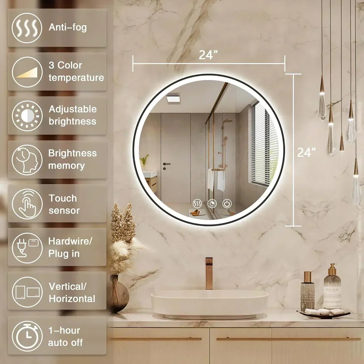 Round Black Frame LED Bathroom Mirror Dimmable Anti-fog