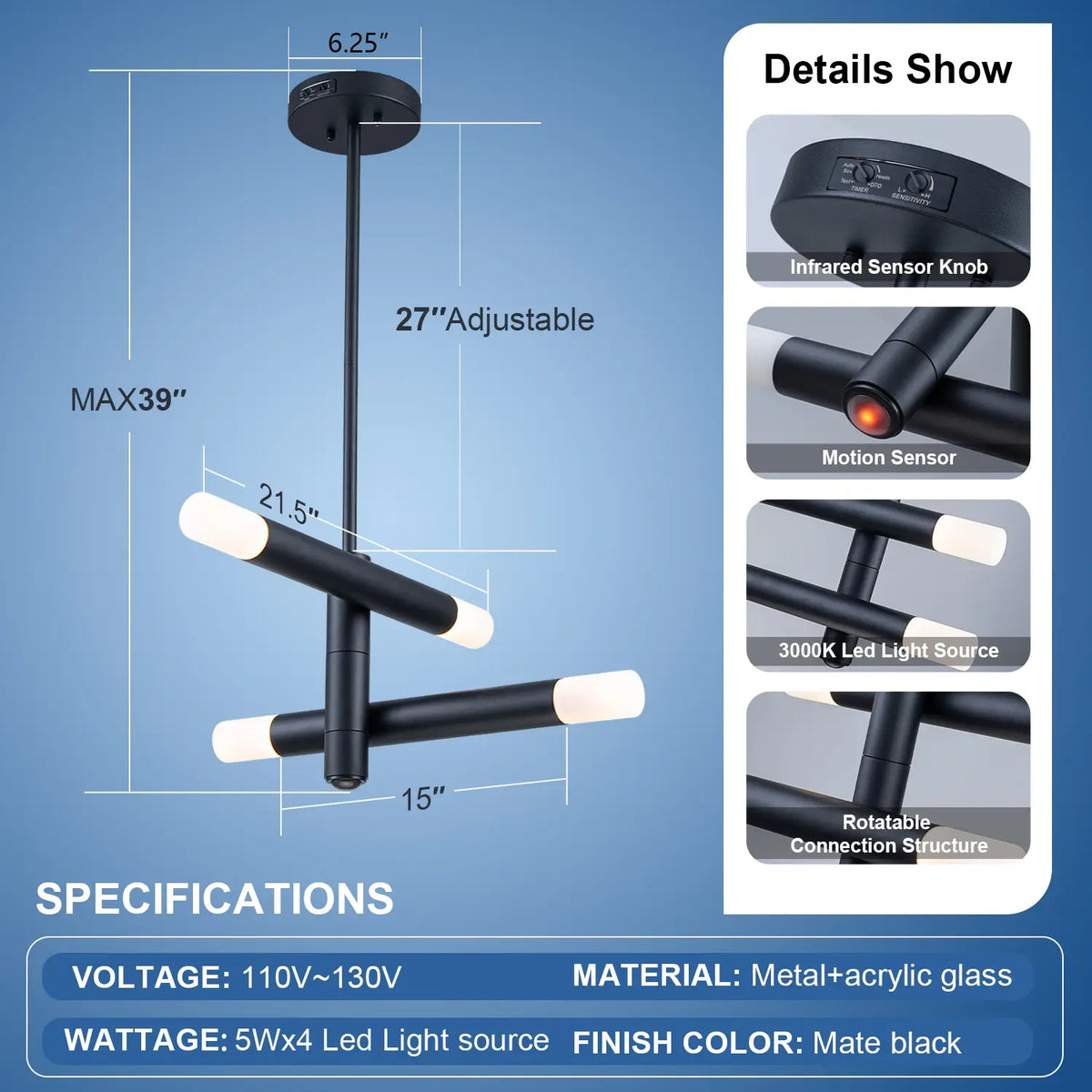 Outdoor Hanging Light with Motion Sensor & Dusk-to-Dawn LED – Black