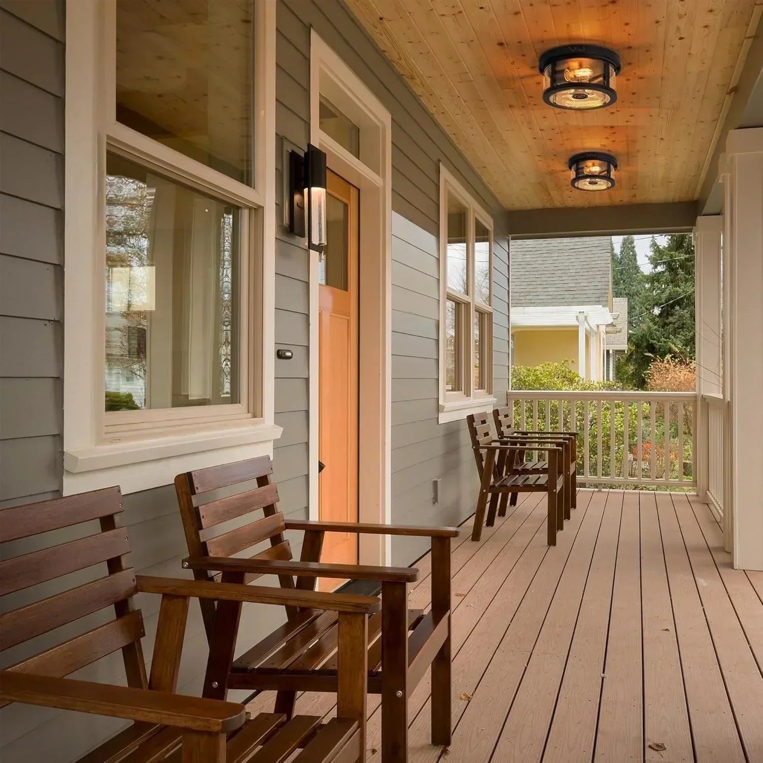 Round Motion Sensor Outdoor Ceiling Light with Clear Glass and 2-Light - FTL Outdoor Wall Lighting LED Light Bulbs