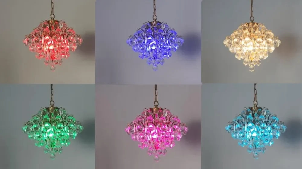 Six crystal chandeliers with LED light bulbs in red, blue, yellow, green, pink, and turquoise.