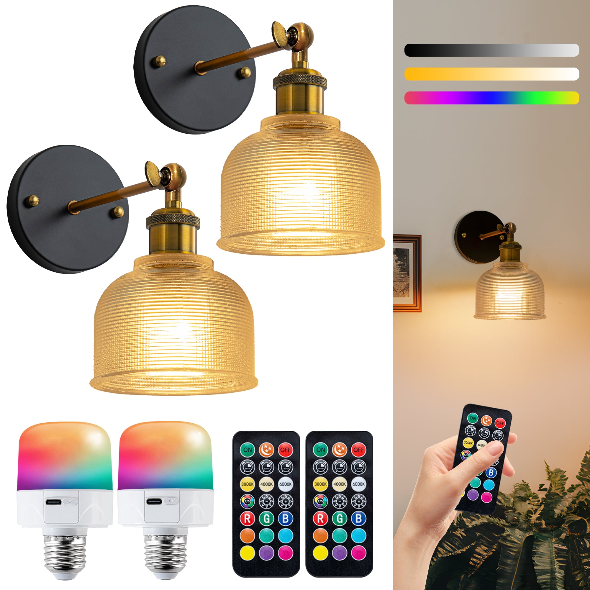Clear Glass Rechargeable Wall Lights Set of Two
