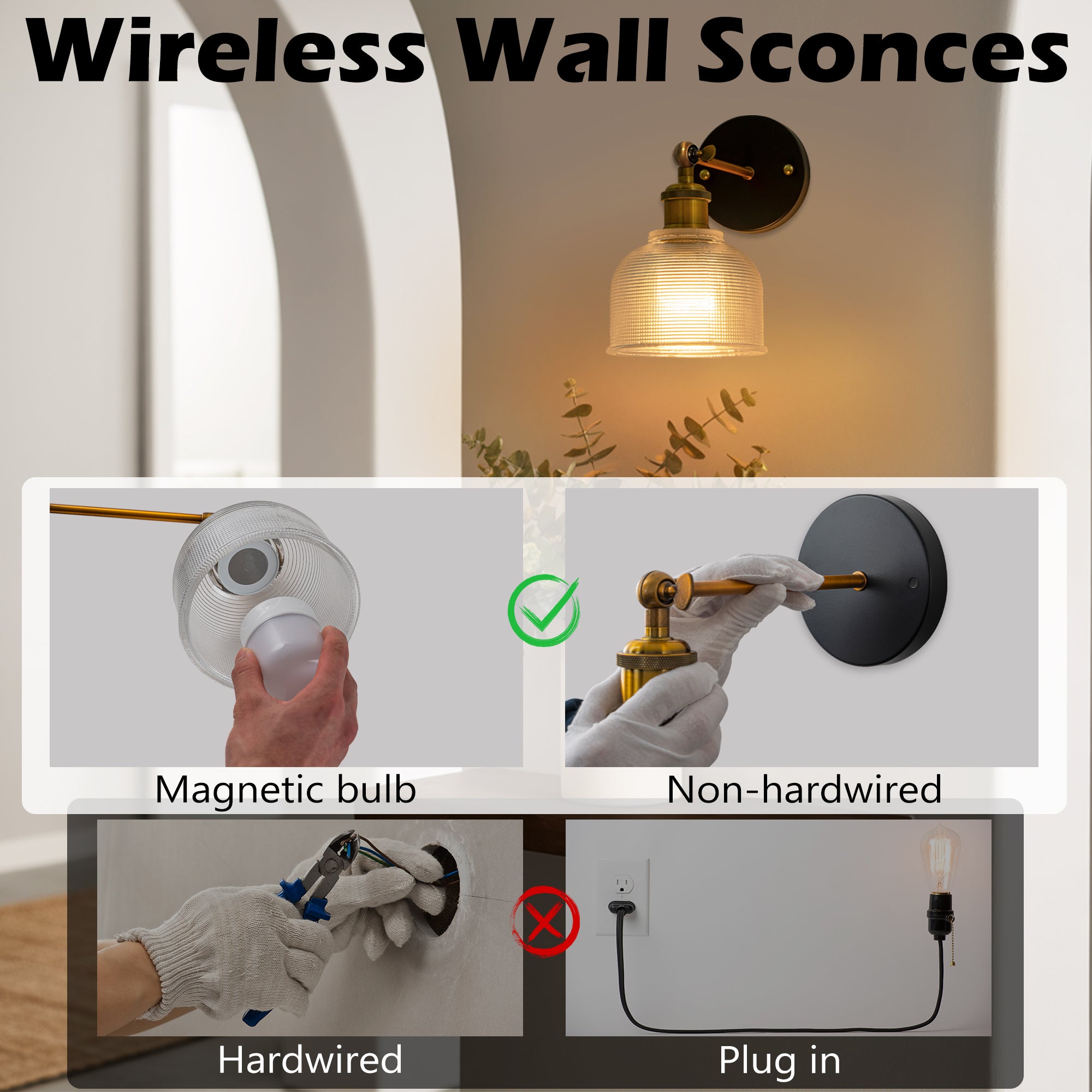 Clear Glass Rechargeable Wall Lights Set of Two