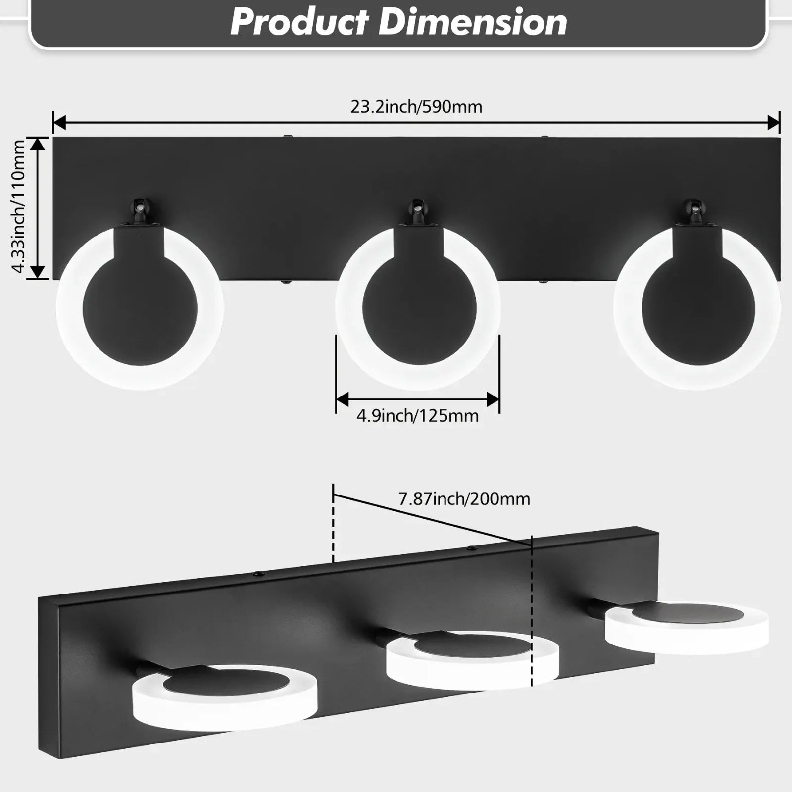 23" 3-Light Rotatable Dimmable LED Bathroom Vanity Light