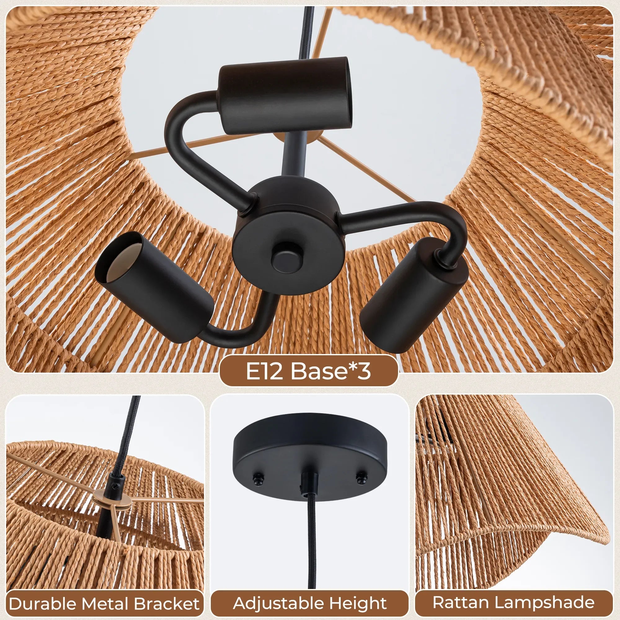 FTL 19.7” Rattan Pendant Light Fixture Boho Farmhouse Chandelier