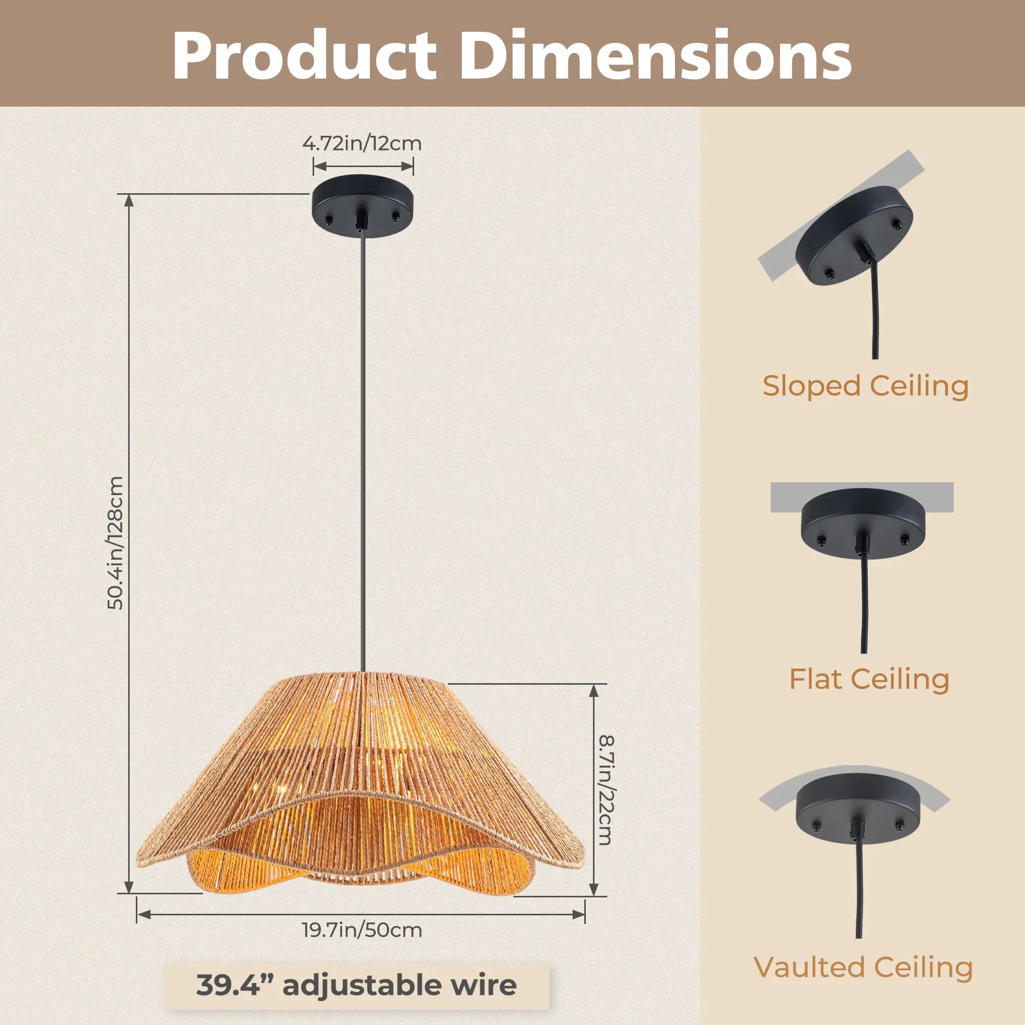 FTL 19.7” Rattan Pendant Light Fixture Boho Farmhouse Chandelier