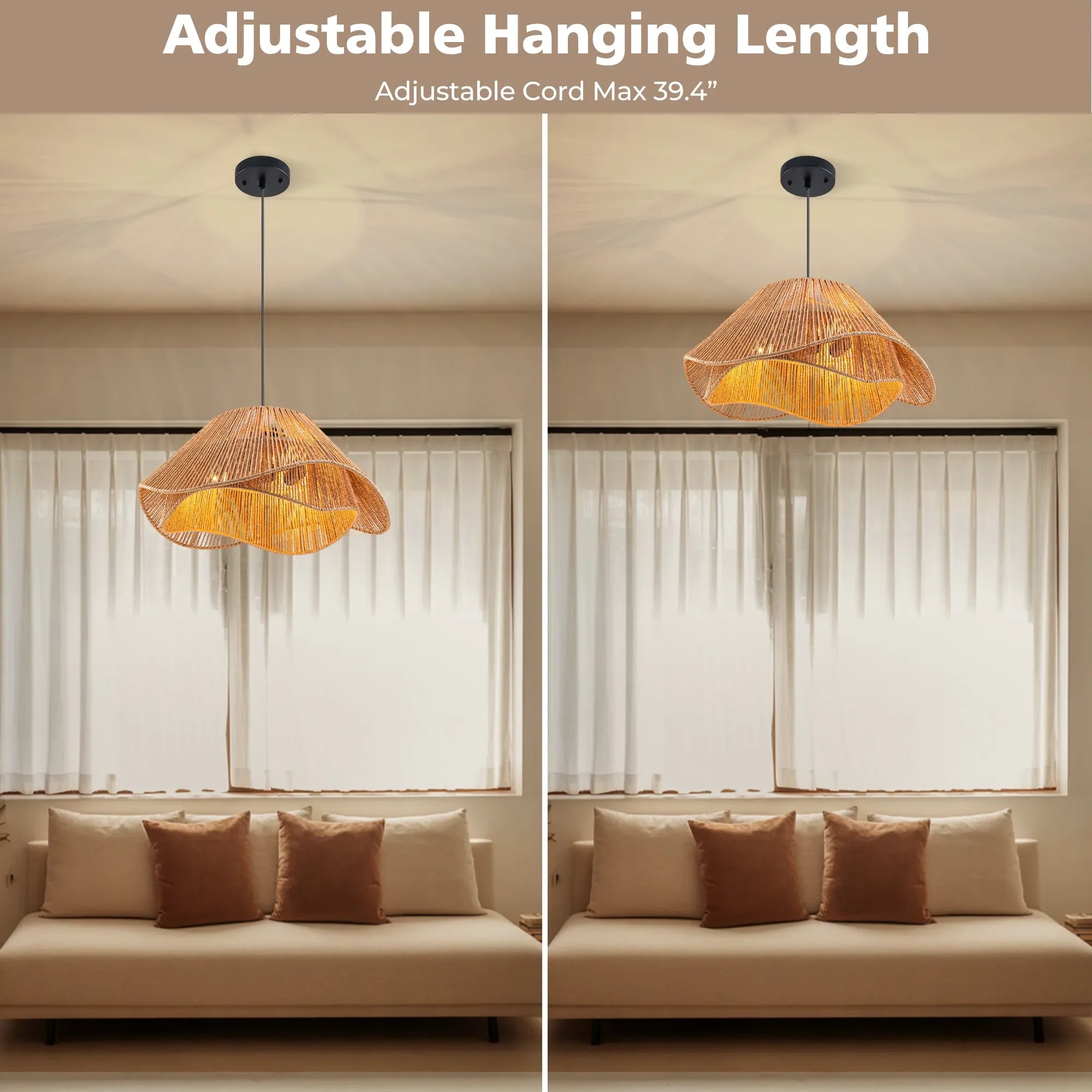 FTL 19.7” Rattan Pendant Light Fixture Boho Farmhouse Chandelier