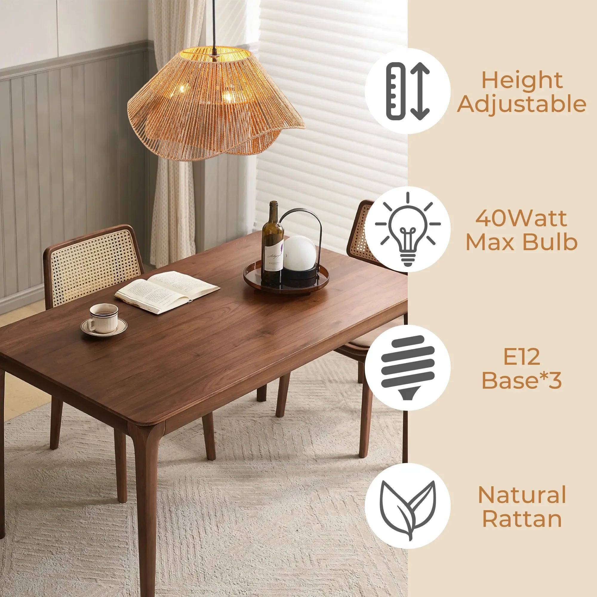 FTL 19.7” Rattan Pendant Light Fixture Boho Farmhouse Chandelier