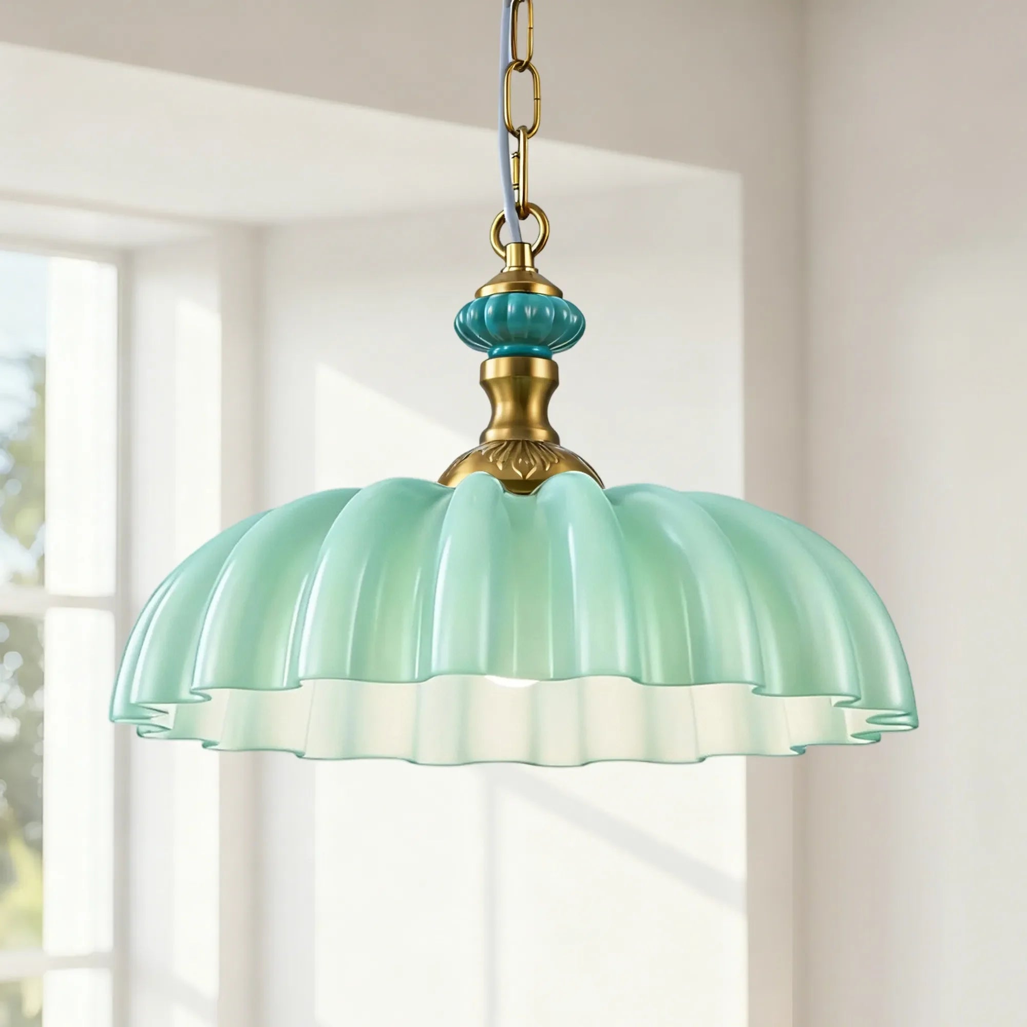 FTL 13.8" Wide Vintage Flower Green Milk Glass Pendant Lights
